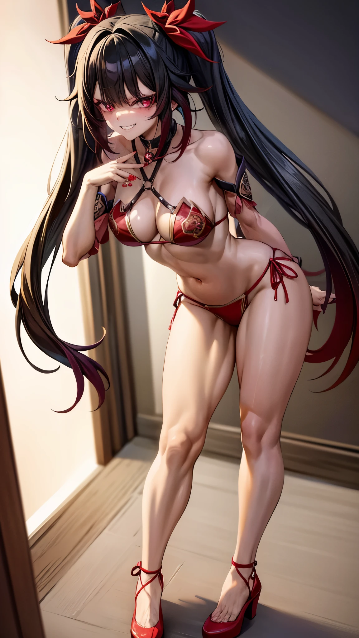 Face: Art style, Anime style color: Predominantly red with black and white contrasts, Eye color: bright crimson red, with luminous reflections. Hair color Black with red highlights, Hairstyle: Long with twintails, adorned with the traditional red and gold hair ornament, (((mischievous and playful smile with a touch of mischief))), (kitsune mask), muscular legs, sadistic , ((( in the motel room))), {{{showing her big ass to me}}}, (((full body photo))), well-groomed nails, red nails, (((wearing a beautiful bikini short and sexy))) , NSFW, hdr, {Standing}, (((full body view)))