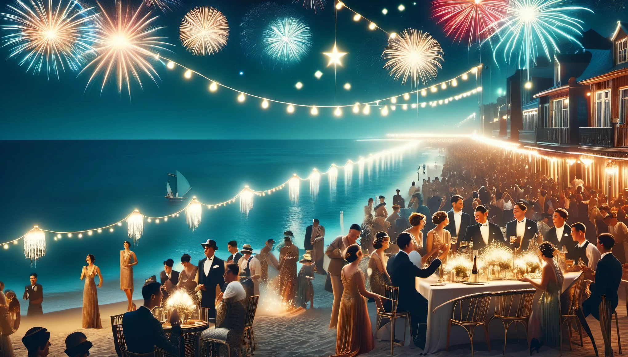 Vintage photography style, art deco style，Realistic photography，best quality,8k,high resolution,super detailed，super clear,
（ Many fashionable boys and girls partying on the beach），（Warm and lively  atmosphere），wine glass，High-end wineware，crazy playing，many musical instruments，Bunting，fireworks，Inspired by《the great Gatsby》，night falls，There are lights on the beach，Complementing the starlight and moonlight，Make the entire beach more dreamy and romantic。People continue to enjoy this wonderful night under the lights，Laughter continues，It seems as if the entire beach is surrounded by happiness and joy。And on this happy beach，Every story continues，Every dream is still shining。The atmosphere of the 1920s,  Delicate texture，smooth visible velvet，Wear pearl jewelry，Advanced custom lace clothing，（Stacking accessories），（Dressed in 1920s fashion, 1920s hairstyles, 1 9 2 0 s style, 1 9 2 0 clothes, 1 9 2 0 s fabric style,