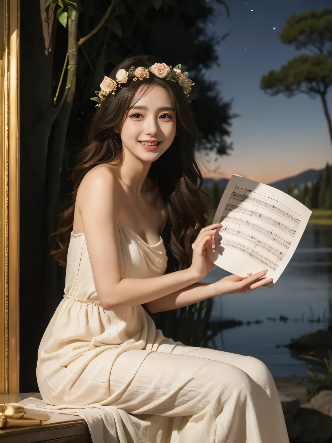 Female singer holding sheet music in both hands,Giorgione painting style,roses in vase、fruits、Cute trinkets、smile、ancient greek costume、Background is a forest lake at night 、Clothes that stretch your shoulders、A big smile、beautiful bare skin,