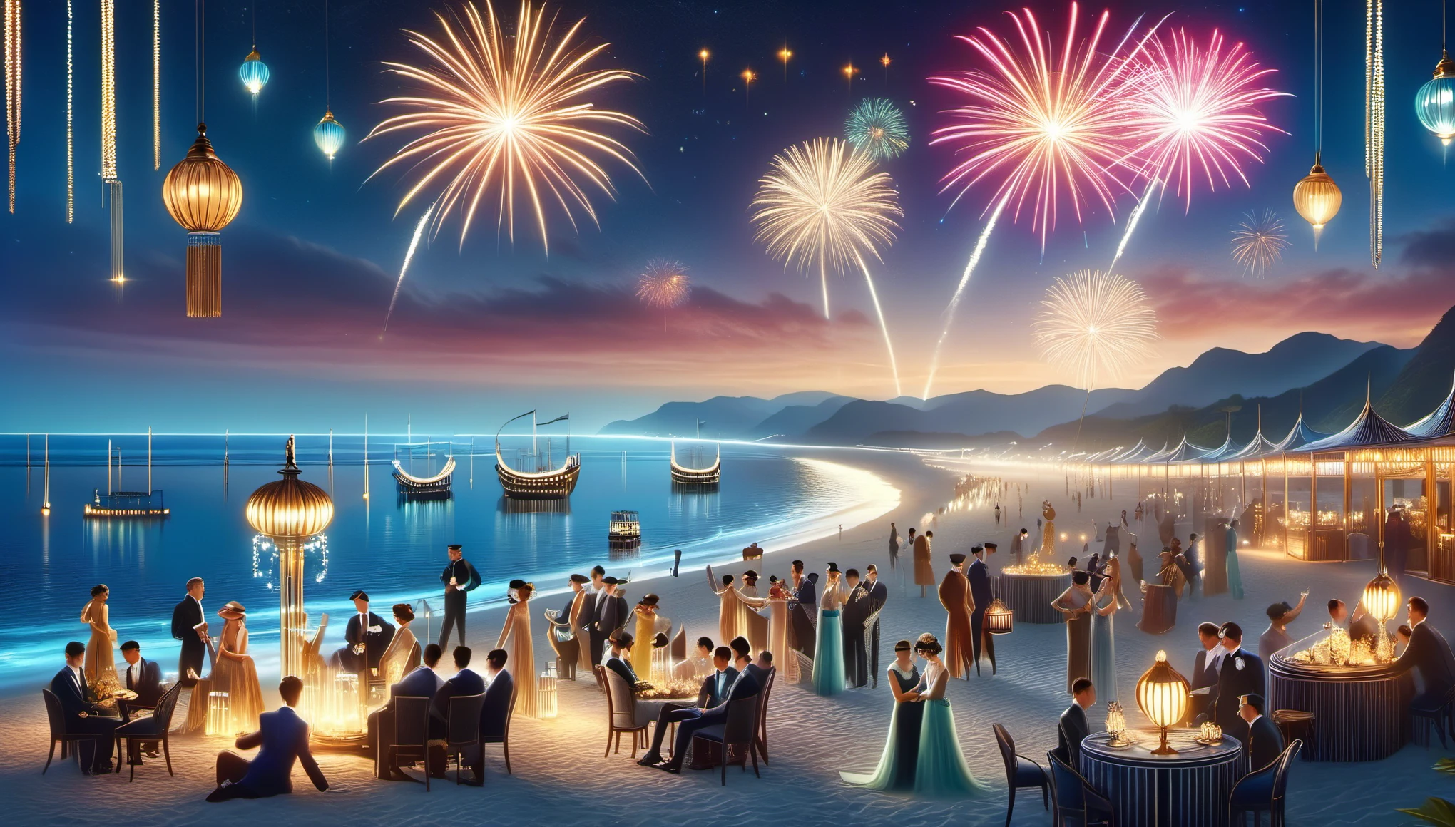 复antiquity摄影风格, art deco style，Realistic photography，best quality,8k,high resolution,super detailed，super clear,creative style artwork,antiquity，
（ Many fashionable boys and girls partying on the beach），（Warm and lively  atmosphere），wine glass，High-end wineware，crazy playing，many musical instruments，Bunting，fireworks，Inspired by《the great Gatsby》，night falls，There are lights on the beach，Complementing the starlight and moonlight，Make the entire beach more dreamy and romantic。People continue to enjoy this wonderful night under the lights，Laughter continues，It seems as if the entire beach is surrounded by happiness and joy。And on this happy beach，Every story continues，Every dream is still shining。The atmosphere of the 1920s,  Delicate texture，smooth visible velvet，Wear pearl jewelry，Advanced custom lace clothing，（Stacking accessories），（Dressed in 1920s fashion, 1920s hairstyles, 1 9 2 0 s style, 1 9 2 0 clothes, 1 9 2 0 s fabric style,