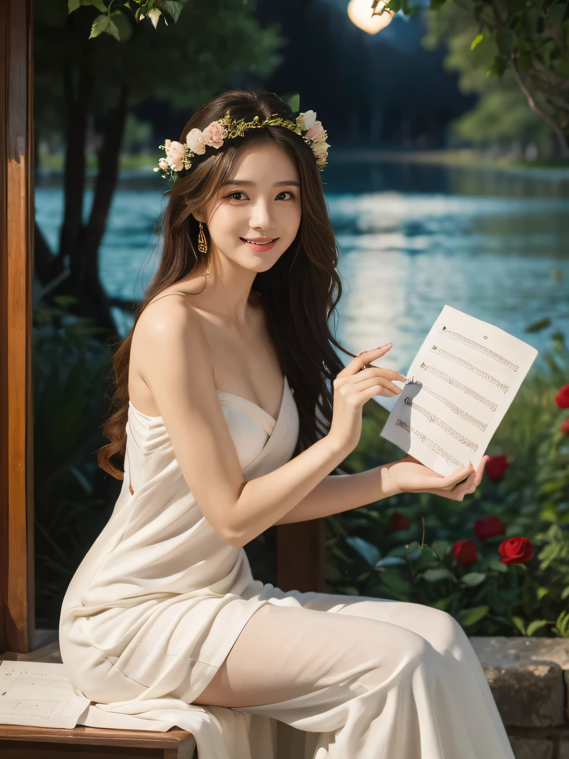 Female singer holding sheet music in both hands,Giorgione painting style,roses in vase、fruits、Cute trinkets、smile、ancient greek costume、Background is a forest lake at night 、Clothes that stretch your shoulders、A big smile、beautiful bare skin,