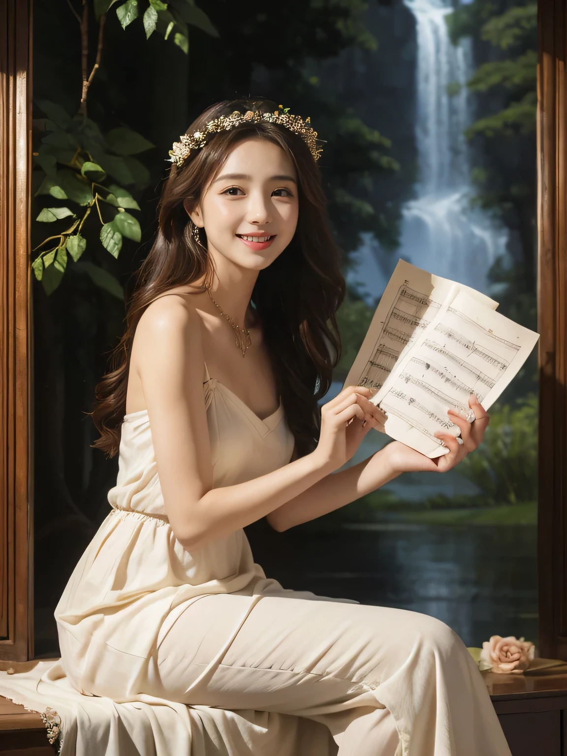 Female singer holding sheet music in both hands,Giorgione painting style,roses in vase、fruits、Cute trinkets、smile、ancient greek costume、Background is a forest lake at night 、Clothes that stretch your shoulders、A big smile、beautiful bare skin,