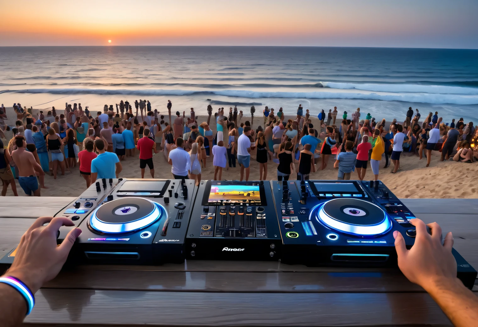 First-person view through the PIONEER XDJ-1000mk2 DJ console at a beach party on the seashore, part of the PIONEER XDJ-1000mk2 is visible in the foreground, in the background, young people in beachwear are dancing on the beach, in the background you can see the sea with the surf strip in the distance, Late evening, Disco lights