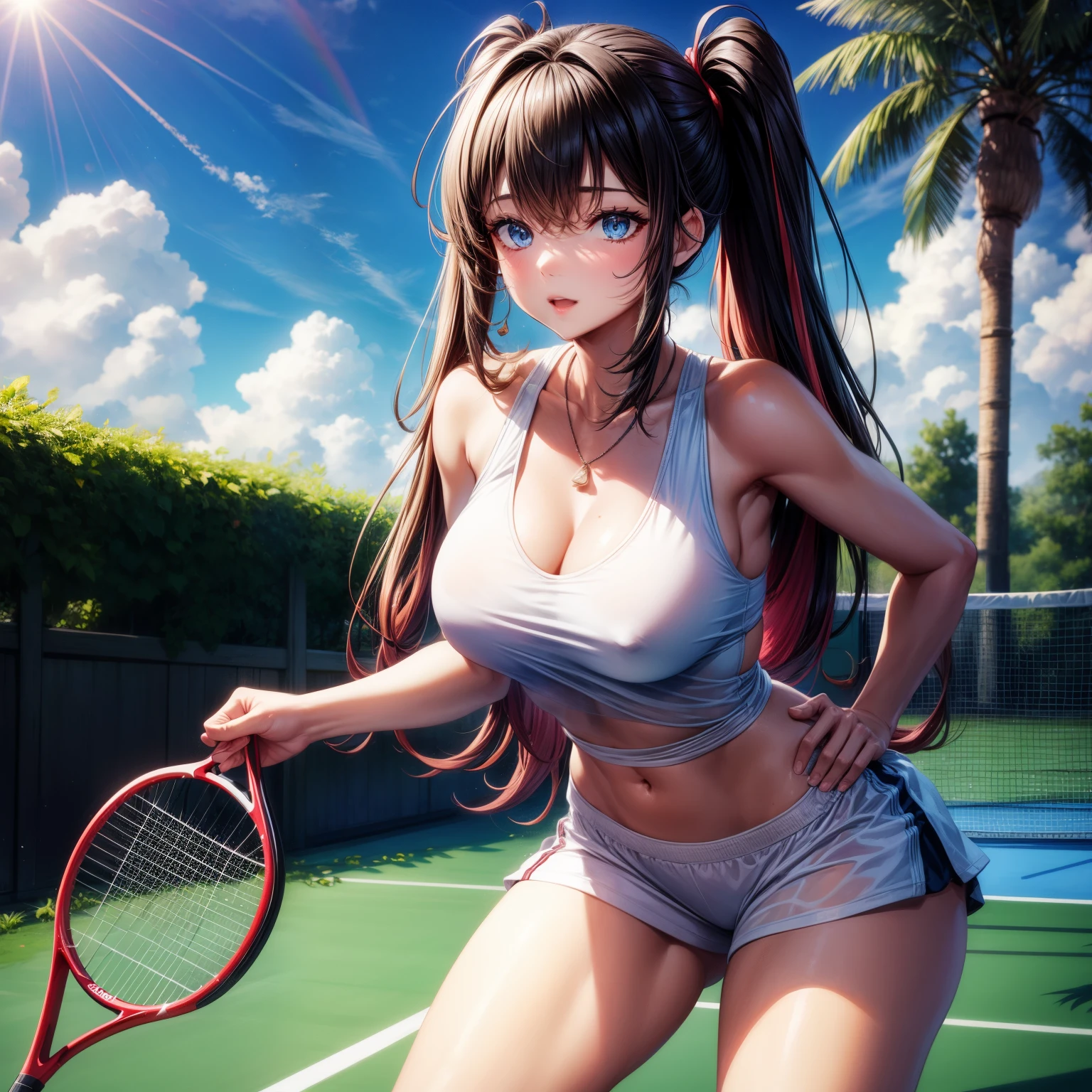 (8k ,Super detailed,Best masterpiece,nature,perfect work of art,perfect female figure),two women,sister and younger sister, sisters,rainbow hair,perfect face,(huge ),neighbor wife,woman hairstyle,elegant wife,Sophisticated and revealing ,20 years old,White skin,messy hair,perfect sexy body,Tone,flirtatious,very big ,Willow Yao,see through breasts,nipple,tennis player,Wearing ultra-short tennis sportswear,open chest,T-shaped small,Melted clothes,on the tennis court,Holding tennis racket,Detail background,necklace,perfect eyes,,T-shaped small size,huge big