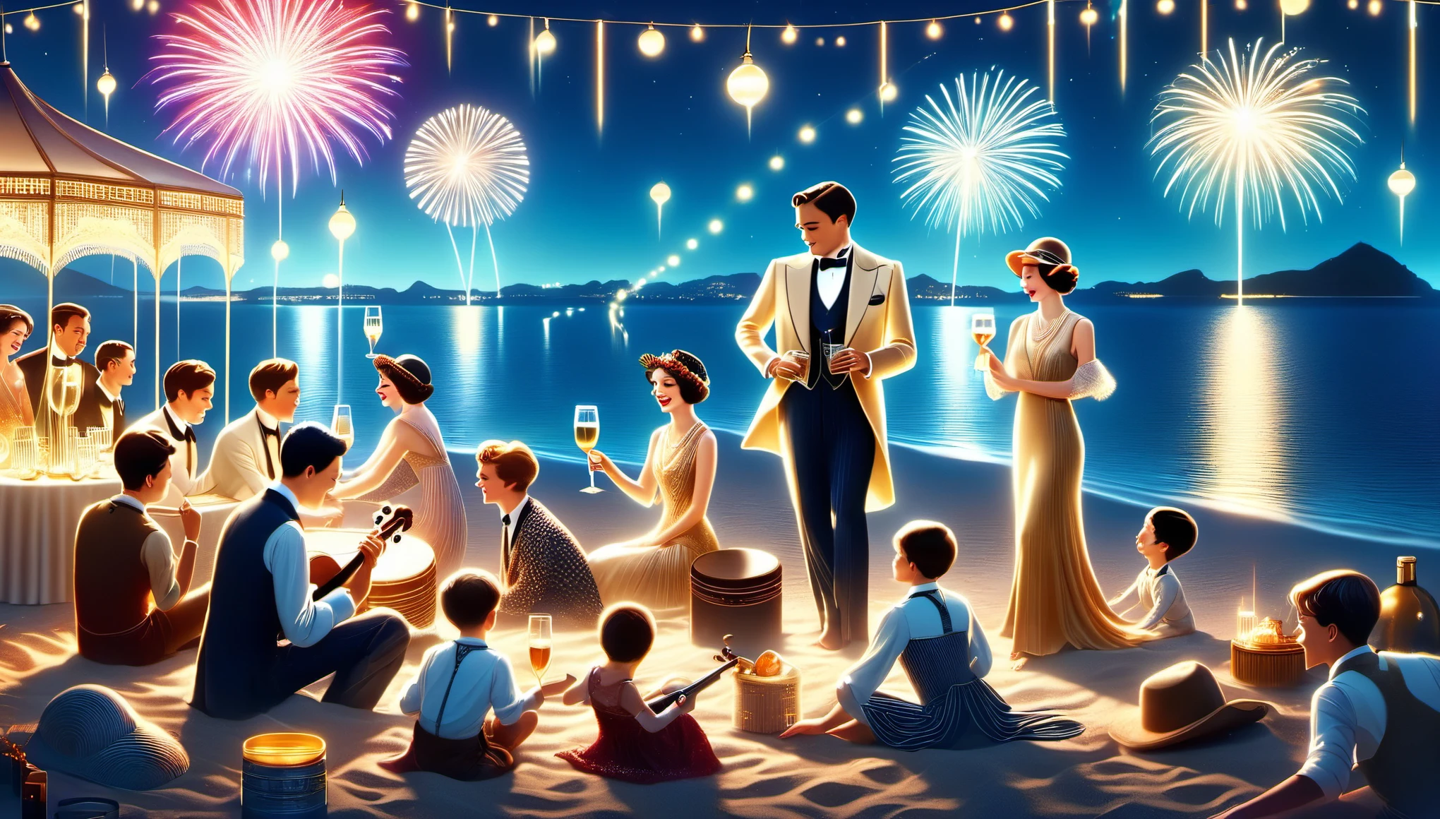 复antiquity摄影风格, art deco style，Realistic photography，best quality,8k,high resolution,super detailed，super clear,creative style artwork,antiquity，
（ Many fashionable boys and girls partying on the beach），（Warm and lively  atmosphere），wine glass，High-end wineware，crazy playing，many musical instruments，Bunting，fireworks，Inspired by《the great Gatsby》，night falls，There are lights on the beach，Complementing the starlight and moonlight，Make the entire beach more dreamy and romantic。People continue to enjoy this wonderful night under the lights，Laughter continues，It seems as if the entire beach is surrounded by happiness and joy。And on this happy beach，Every story continues，Every dream is still shining。The atmosphere of the 1920s,  Delicate texture，smooth visible velvet，Wear pearl jewelry，Advanced custom lace clothing，（Stacking accessories），（Dressed in 1920s fashion, 1920s hairstyles, 1 9 2 0 s style, 1 9 2 0 clothes, 1 9 2 0 s fabric style,