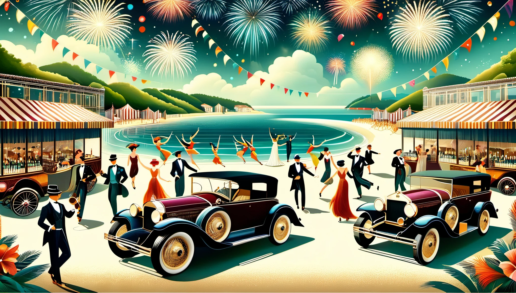 photography style, art deco style，best quality,8k,high resolution,super detailed，super clear,creative style artwork,
（ Many fashionable boys and girls partying on the beach），（Warm and lively  atmosphere），wine glass，High-end wineware，crazy playing，many musical instruments，Bunting，fireworks，Inspired by《the great Gatsby》，The atmosphere of the 1920s,  Delicate texture，smooth visible velvet，Wear pearl jewelry，Advanced custom lace clothing，（Stacking accessories），（Dressed in 1920s fashion, 1920s hairstyles, 1 9 2 0 s style, 1 9 2 0 clothes, 1 9 2 0 s fabric style,