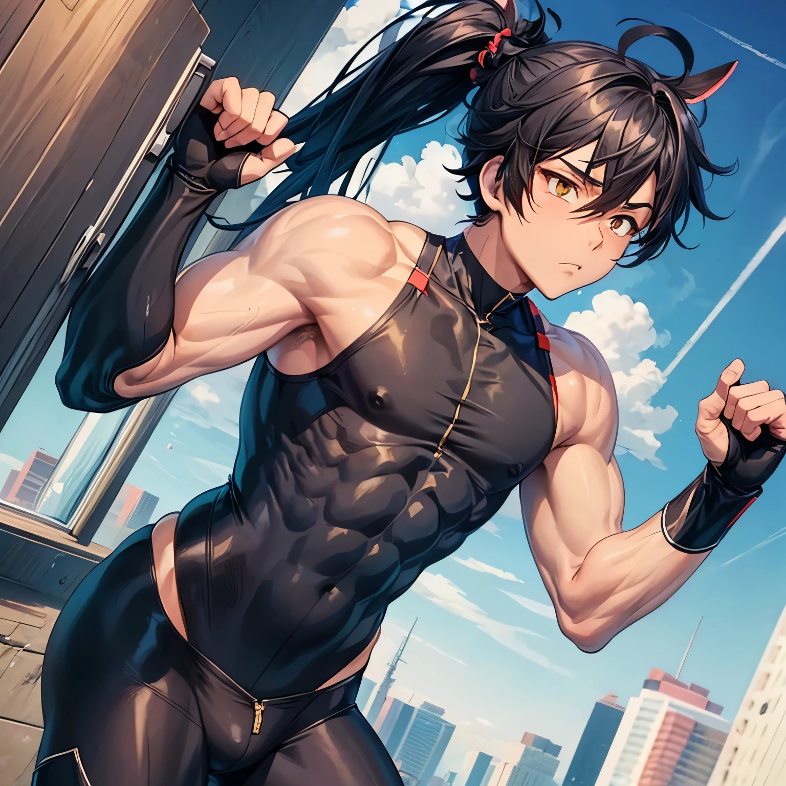 man,black hair,Yoichi Izaki,Wearing a sleeveless black bodysuit.,Ponytail