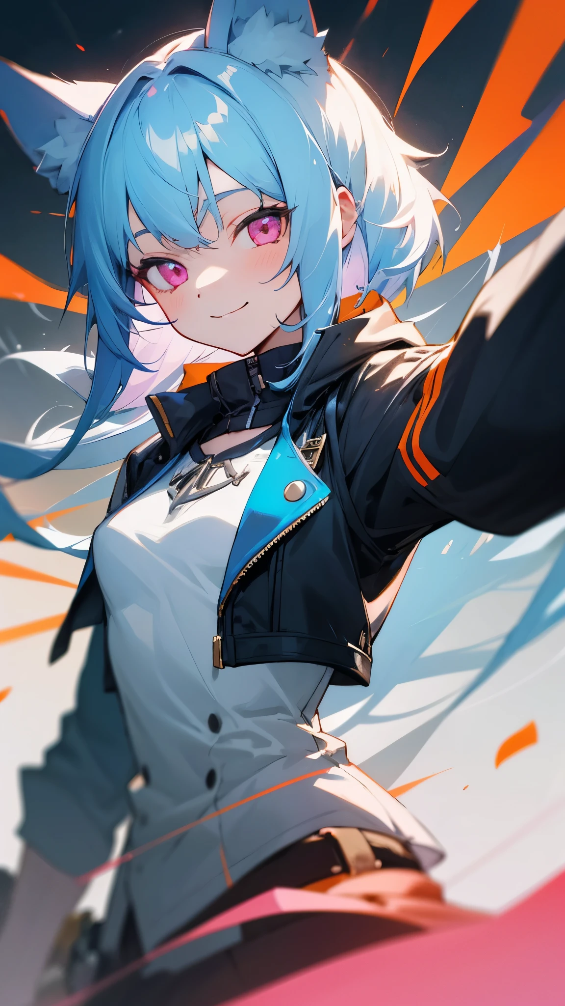 Portrait of one person、 girl、riders jacket、small breasts、light blue hair、dog ears、pink eyes、smile, impression, (oil), Blue and orange tones、Zelda Style