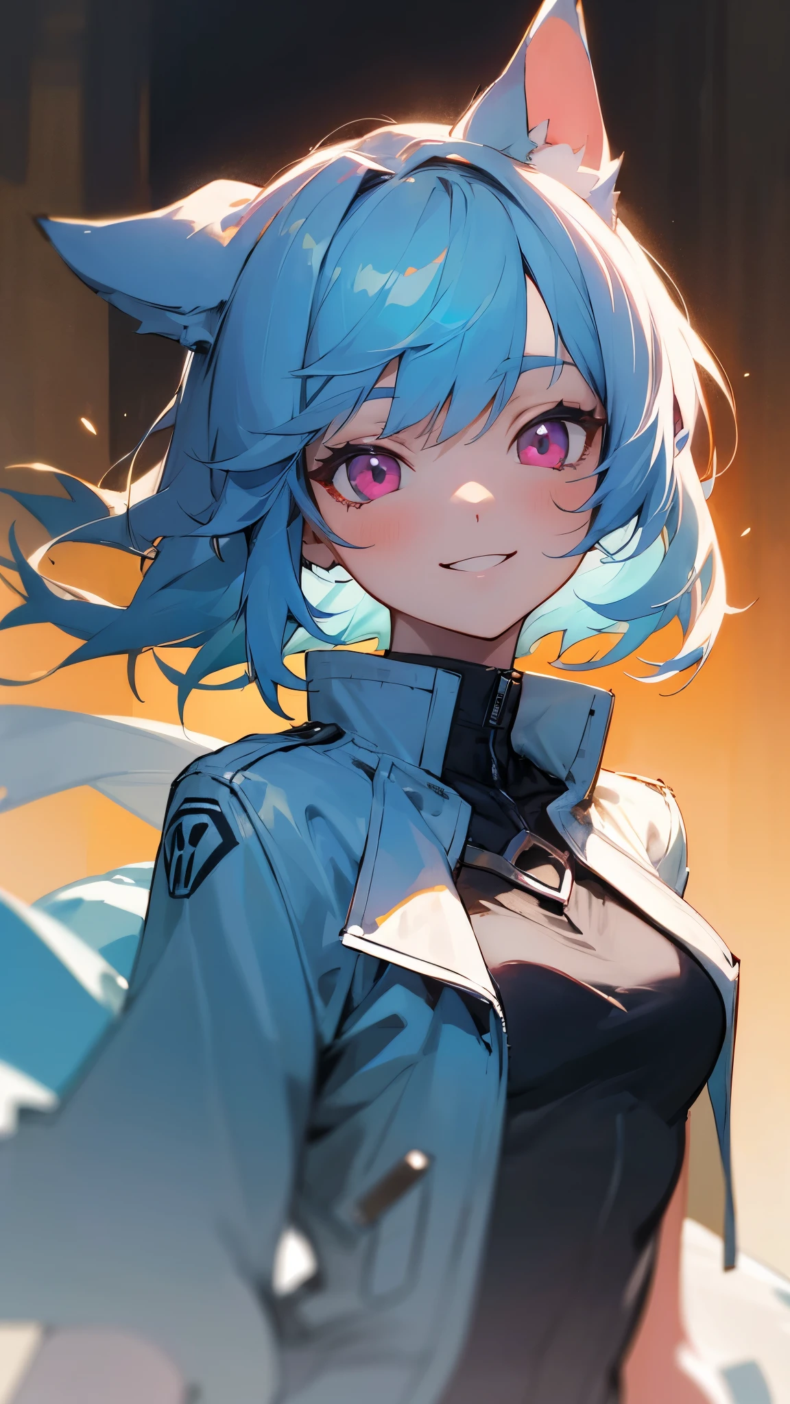Portrait of one person、16 year old girl、riders jacket、small breasts、light blue hair、dog ears、pink eyes、smile, impression, (oil), Blue and orange tones、Zelda Style