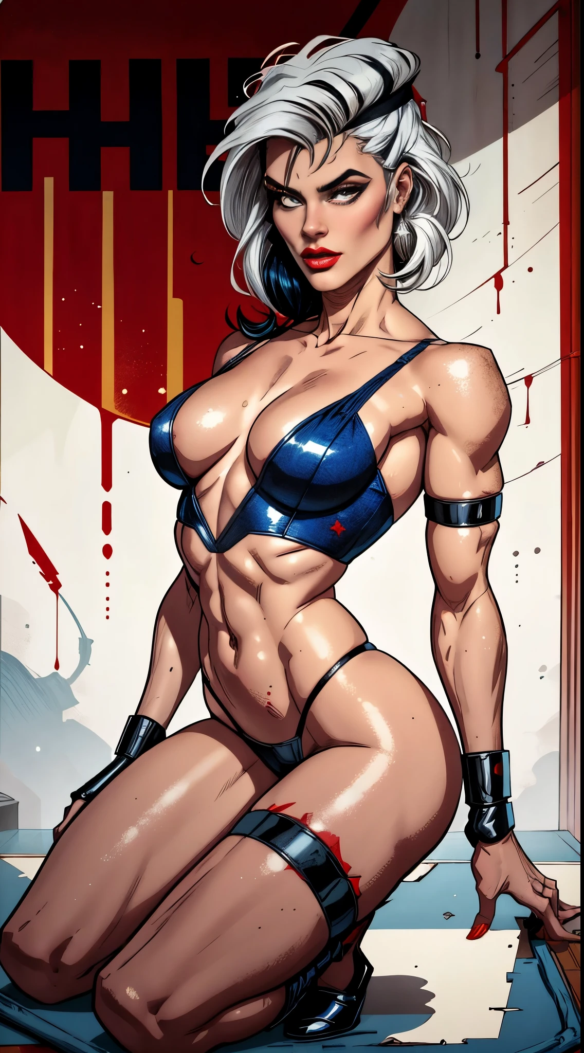 (((mulher))), (((melhor qualidade))), (((obra prima))), (((adulto))), (((1girl))), ((( corte de cabelo bob ))), Uma gladiadora cyberpunk mulher de 25 anos com corpo perfeito, shoulder pads with metal spines, Gladiadores do Brooklyn, (( corte de cabelo bob )), tiny leather panties, camiseta de time de rugby rasgada, quase nua no estilo selvagem urbano de Simon Bisley para a capa da revista Heavy Metal, Cabelo loiro curto, Minimum clothing, Metal protection on the left arm with intricate graphics, Dark red with white stars and white and navy blue checkerboard pattern, armadura, cheio de pontas e rebites, (((do joelho pra cima))), cabelos loiro branco curto, no fundo uma parede pintada por Shepard Fairey com um design intrincado
