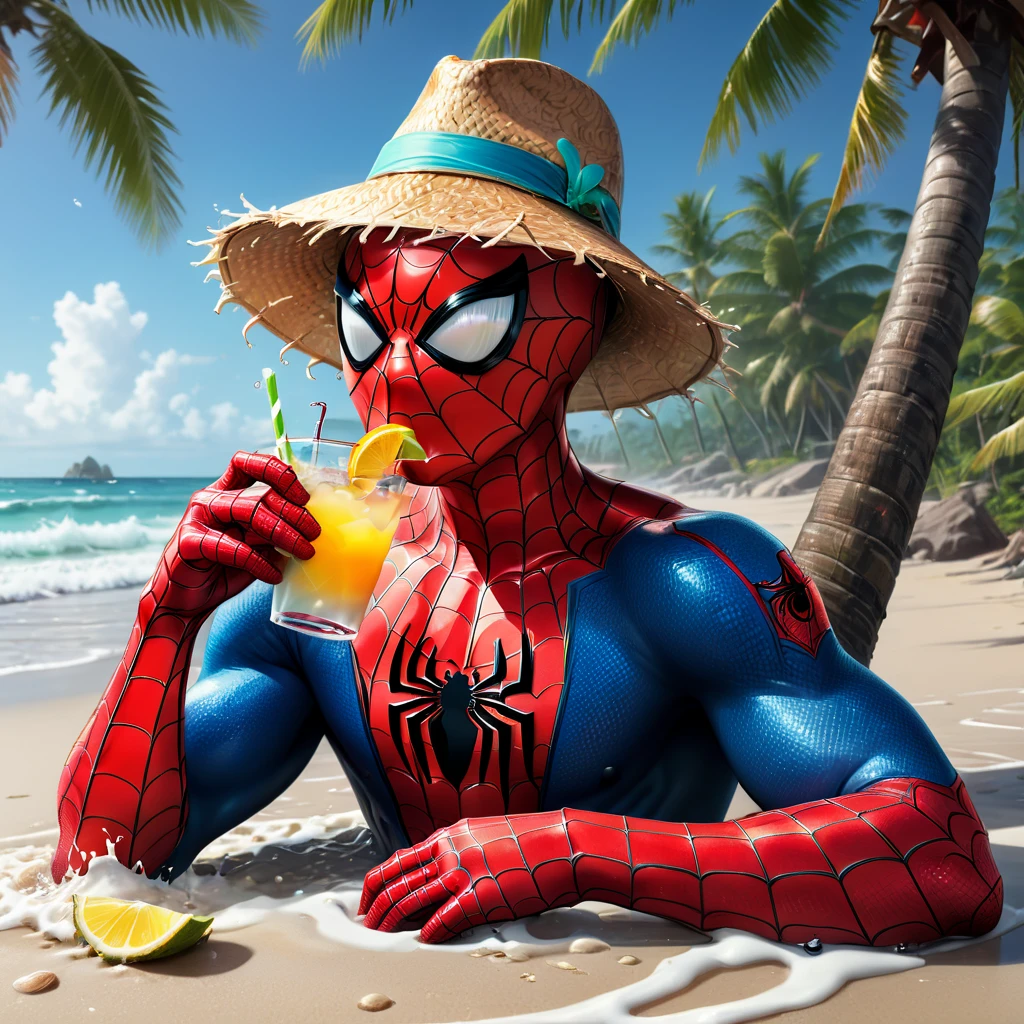 beach parties, aesthetic, extremely detailed, Spiderman, straw hat in the head, drinking a cocktail, sitting in the beach, coconut trees, waves, sands, Hyperrealistic, splash art, concept art, mid shot, intricately detailed, color depth, dramatic, 2/3 face angle, side light, colorful background, (best quality, 4k, 8k, highres, masterpiece:1.2), ultra-detailed, (realistic, photorealistic, photo-realistic:1.37), HDR, UHD, studio lighting, extreme detail description, professional, vivid colors, bokeh, beach, portraits, landscape