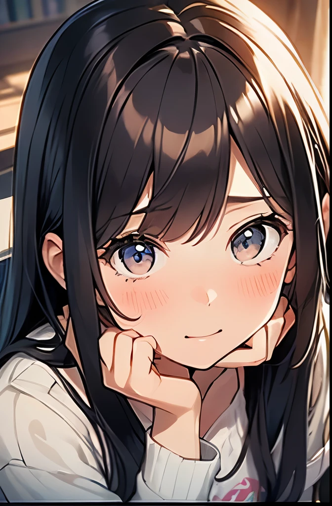 20 year old woman、hair is brown、long hair、eyes are big、one's home、sitting、Crying with joy、close up of face、