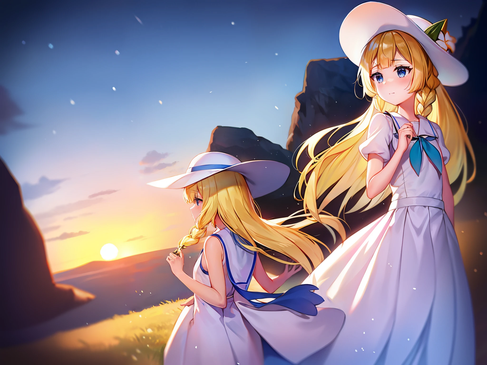 Pokémon、solo、1 person、sunset、Tropical Alola region、Lillie、Snow-white skin and long pale blonde hair、White princess-line sleeveless dress and white wide-brimmed hat、french braid、high ponytail、blue mini skirt、blue pleated skirt、sailor color、shirt、short sleeve、blue skirt、白いshirt、white skirt「Lady」、blonde girl、Pippi Ningyoya Cosmetics、orthodox heroine、Lily flower、Escape from the rain and take shelter together in a cave、Lillieは月の象徴で、Hau is the image of the sun。Lillieが月ではなく、I will become a shining sun」、pacifist、Directional tone deafness、