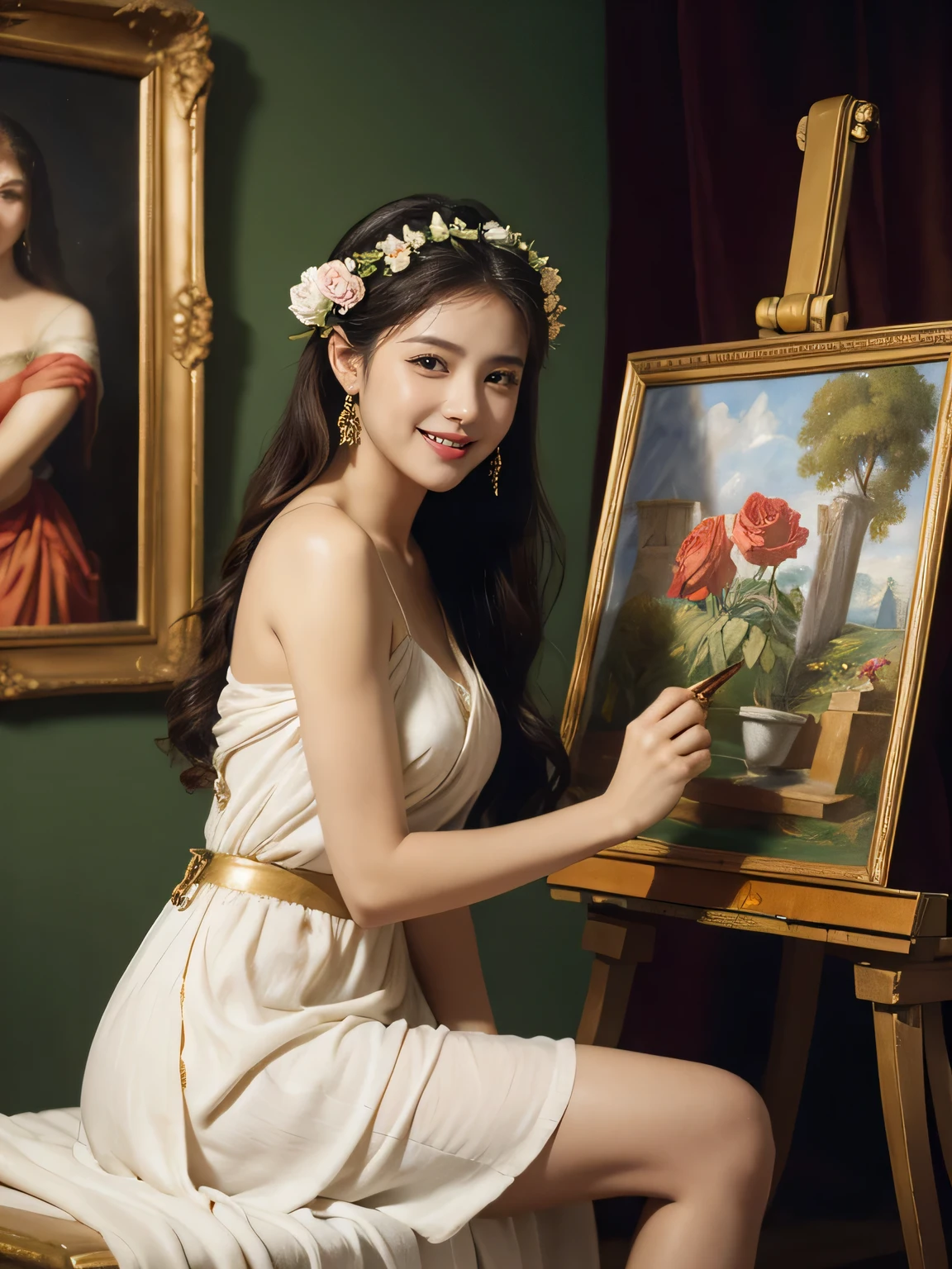 Giorgione painting style,roses in vase、fruits、Cute trinkets、smile、ancient greek costume、Clothes that stretch your shoulders、A big smile、beautiful bare skin,Female painter painting oil in her studio,Woman painting in oil with oil brush and palette,Woman painting oil on canvas