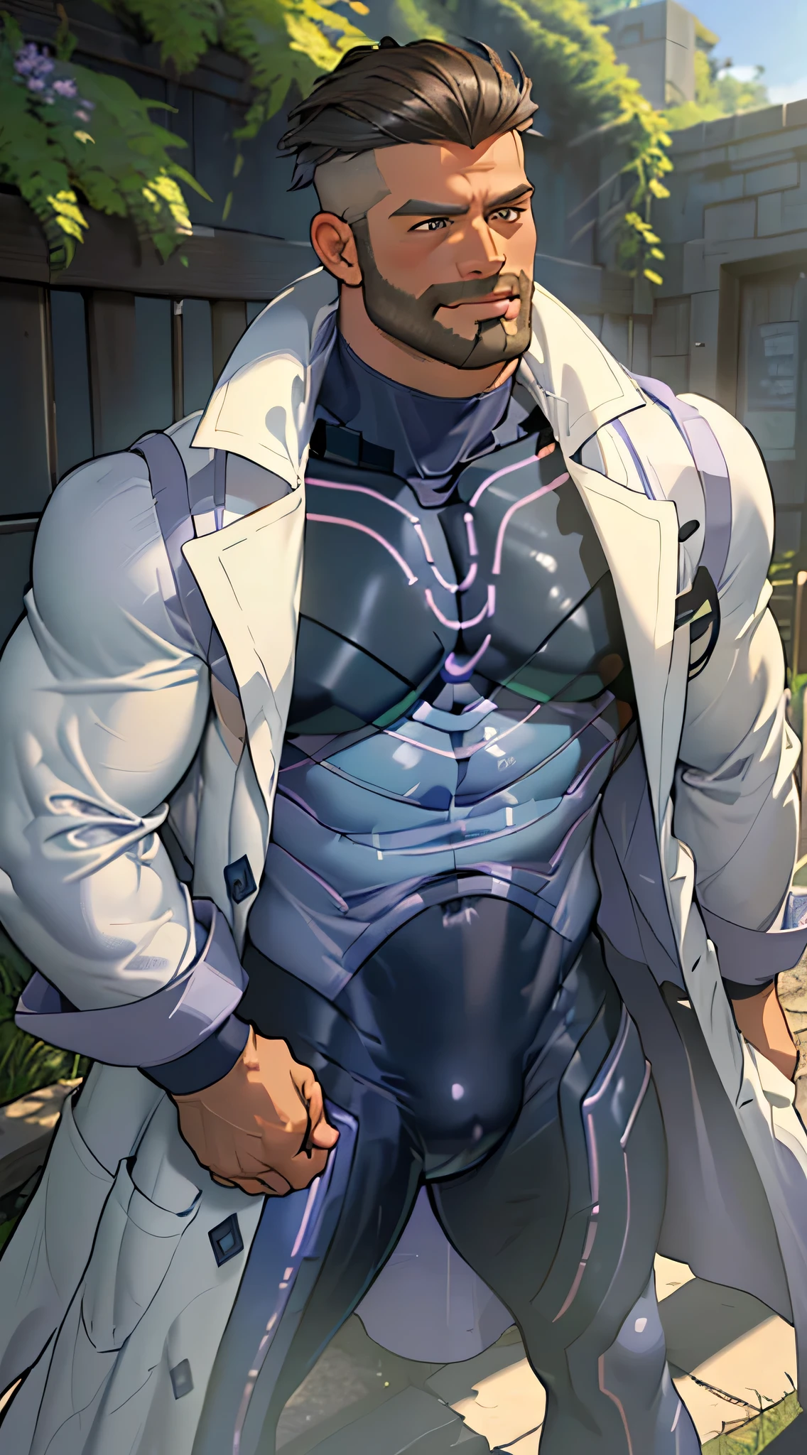 (masterpiece, Best Quality:1.2), Cowboy Shot, Solo, Male Focus, 1boy, Pokemon Touro, Closed mouth, Looking at Viewer, Open clothes, ((labcoat)), ((purple bodysuit), muscular guy, burly, hunk, Hot, big shoulders, big muscle, musculature、 (hyperdetailed face), smirking, standing on a green hill, bright sunlight