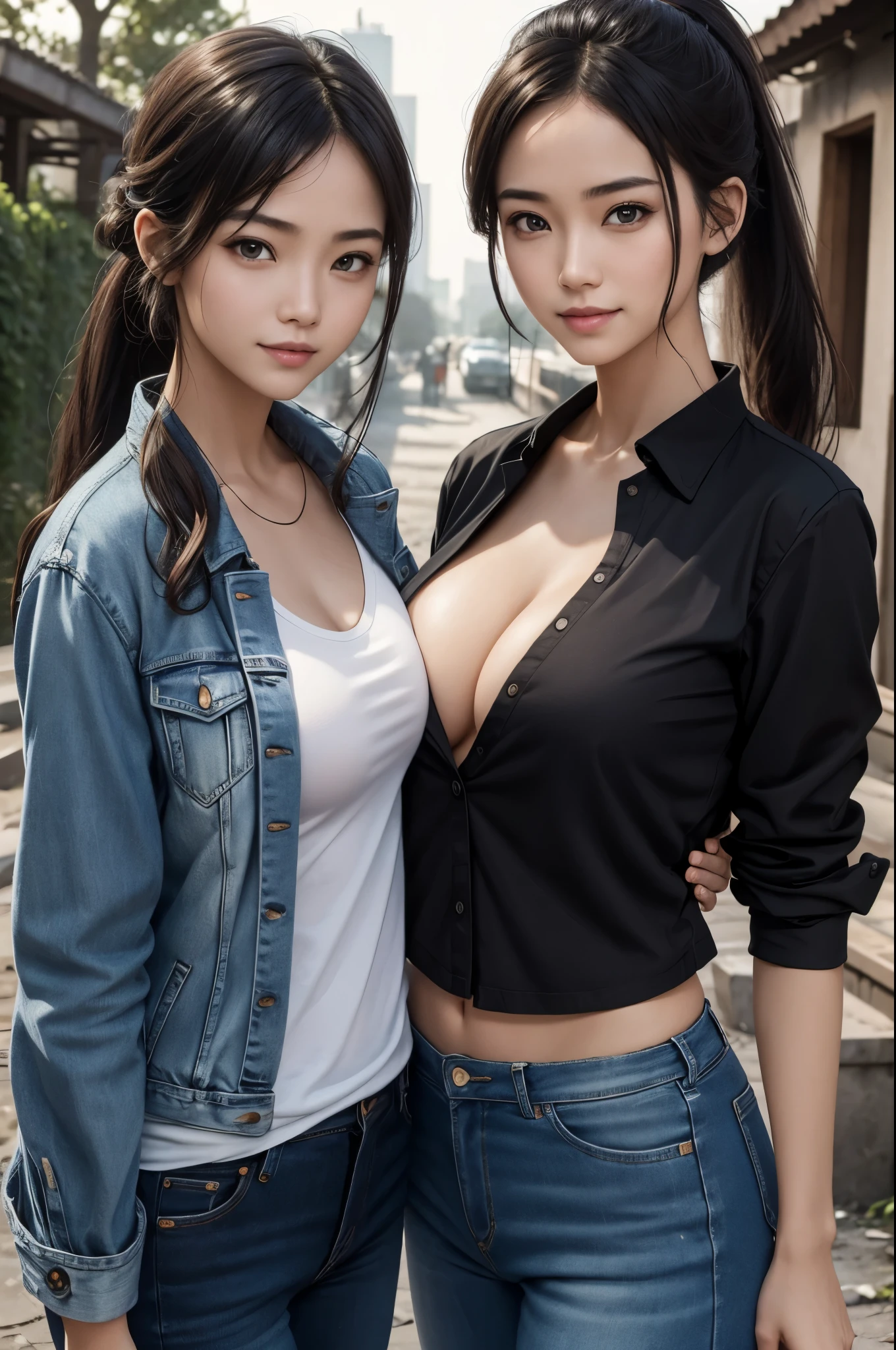 8k,twin sisters,super beautiful(like the real thing),My older sister is cool and short and has very big breasts.,lean muscular body,sexy,Crisp narrow eyes,black eye,cool smile,black long perm,black jeans,compensate,super realistic skin,my sister has small breastsの高身長で筋肉質です, muscular slim body,Severely cracked abdominal muscles,Big eyes,black eye,light brown hair ponytail,派手なcompensate,blue jeans,A bold smile,masterpiece,Photorealistic RAW photos of the highest quality。bright colors,rich colors, Backlight, cinematic lighting, film grain, to be born, 50mm lens, Nikon D850,detailed character art,fantasy art,ultra high resolution,super realistic skin,perfect hand shape,In front of an abandoned temple,beautiful expression,Close-up,beautiful sisters(like the real thing),Makeup,my sister is short,my sister is tall,My sister is wearing a black shirt and a blue combat jacket.,My sister has a slender body and very big breasts.,My sister is wearing a white shirt and a long blue jacket.,my sister has small breasts,
