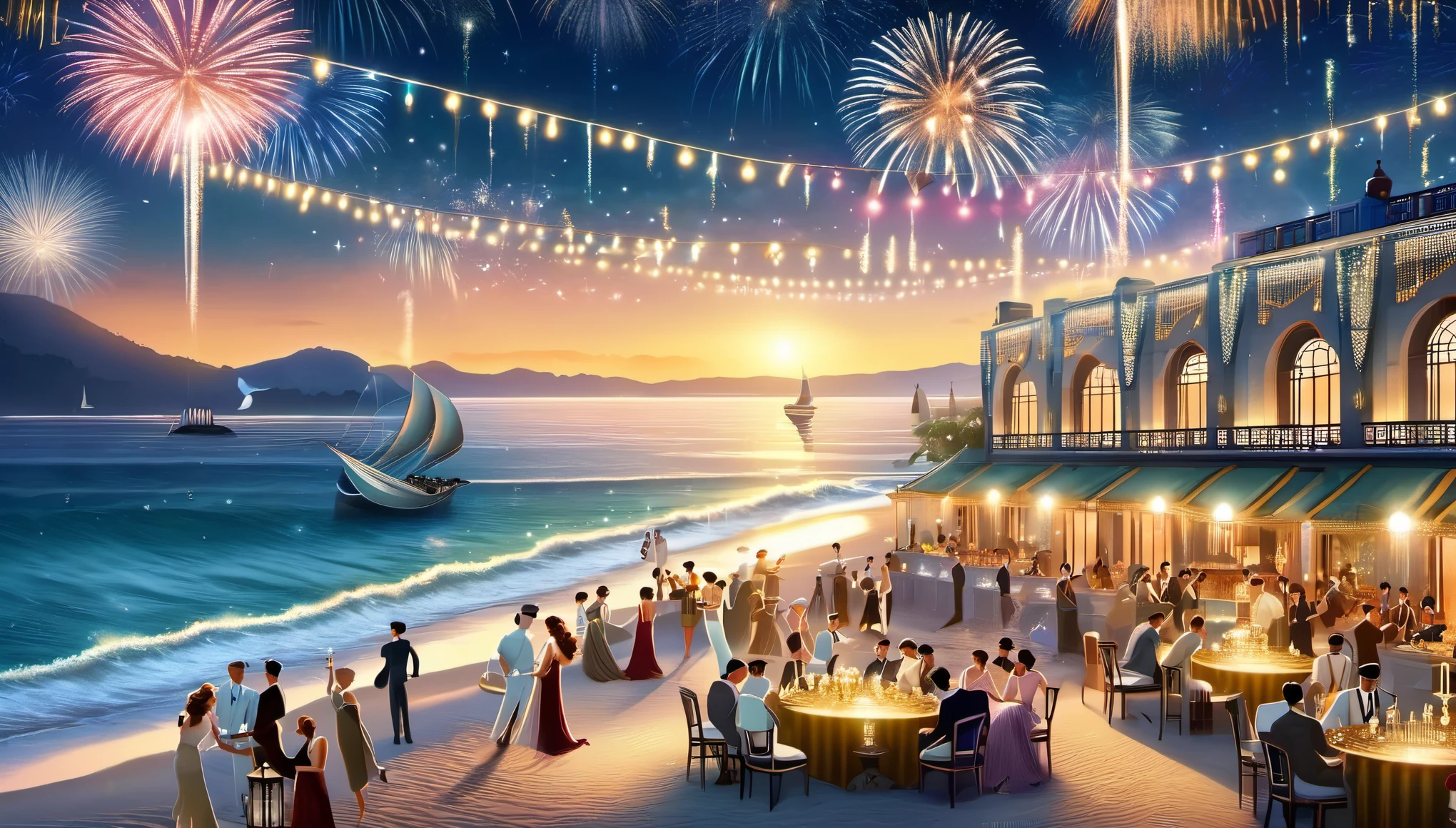 复antiquity摄影风格, art deco style,Realistic photography,best quality,8k,high resolution,super detailed,super clear,creative style artwork,antiquity,
( Many fashionable boys and girls partying on the beach),(Warm and lively atmosphere),wine glass,High-end wineware,crazy playing,many musical instruments,Bunting,fireworks,Inspired by《the great Gatsby》,night falls,There are lights on the beach,Complementing the starlight and moonlight,Make the entire beach more dreamy and romantic。People continue to enjoy this wonderful night under the lights,Laughter continues,It seems as if the entire beach is surrounded by happiness and joy。And on this happy beach,Every story continues,Every dream is still shining。The atmosphere of the 1920s, Delicate texture,smooth visible velvet,Wear pearl jewelry,Advanced custom lace clothing,(Stacking accessories),(Dressed in 1920s fashion, 1920s hairstyles, 1 9 2 0 s style, 1 9 2 0 clothes, 1 9 2 0 s fabric style,