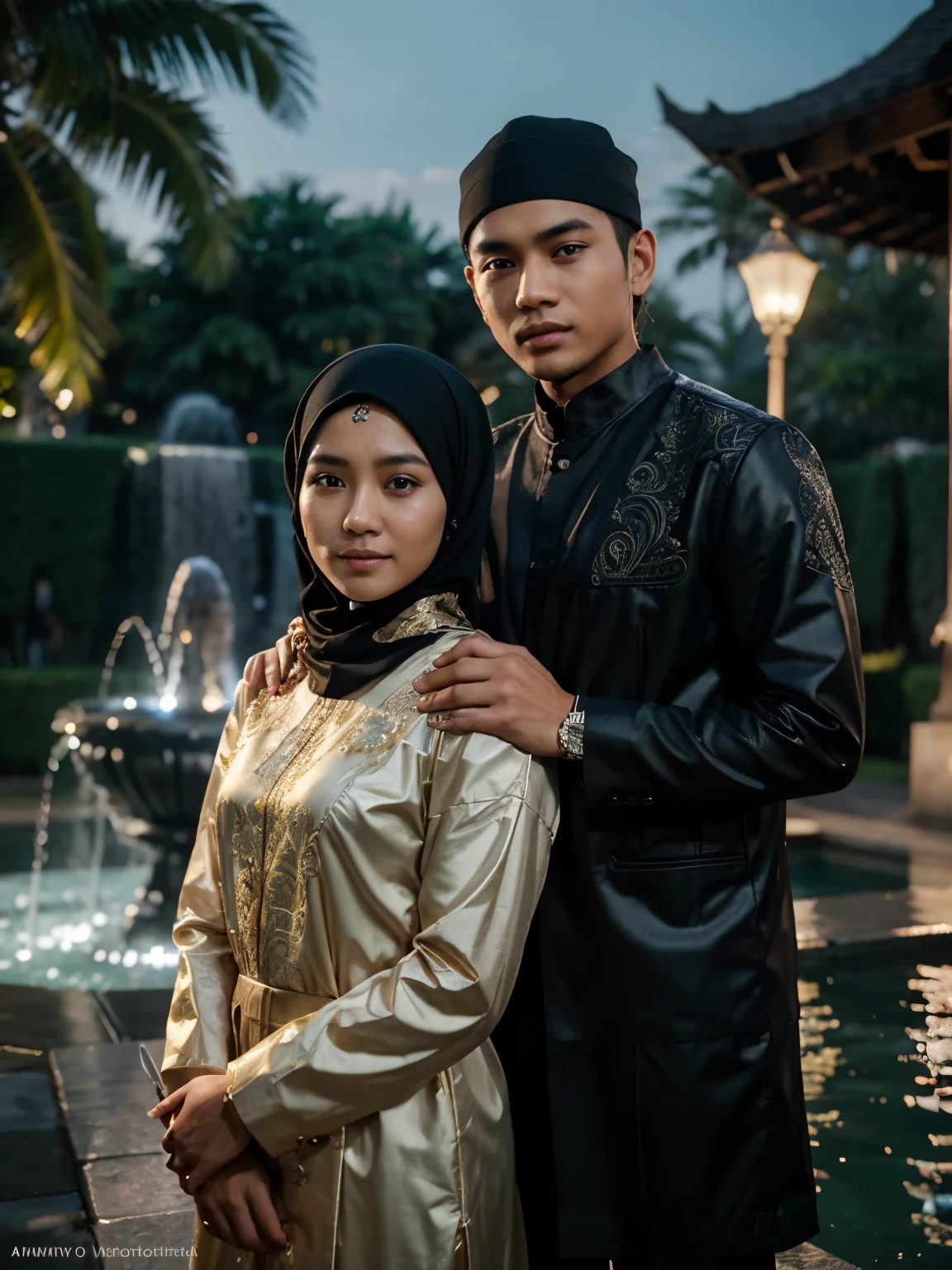 A handsome Indonesian young man is taking a photo together with a 22 year old Indonesian hijab wearing woman posing in front of a fountain at night, best quality, realistic, photorealistic, (intricate detail: 1.2), (fine detail), (light cinematic), clear lines , sharp focus, realistic face, detailed face, unity 8k wallpaper, very high resolution, (photorealistic: 1.4), He is looking at the viewer