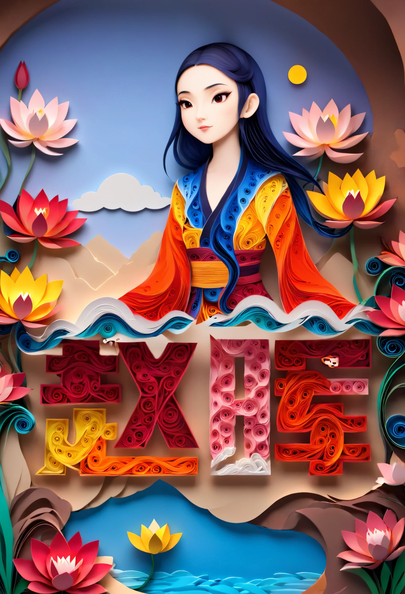 (number art, paper art,layered paper art,paper quilling,paper-cut,paper sculpture),1 girl,mountains, tree, river,flowers,lotus, (Oriental elements, Chinese color, Advanced color matching),(3D sculpture,Render by Octane,Volumetric light), (Loss of focus, Very colorful, light, chiaroscuro,Ray tracing)