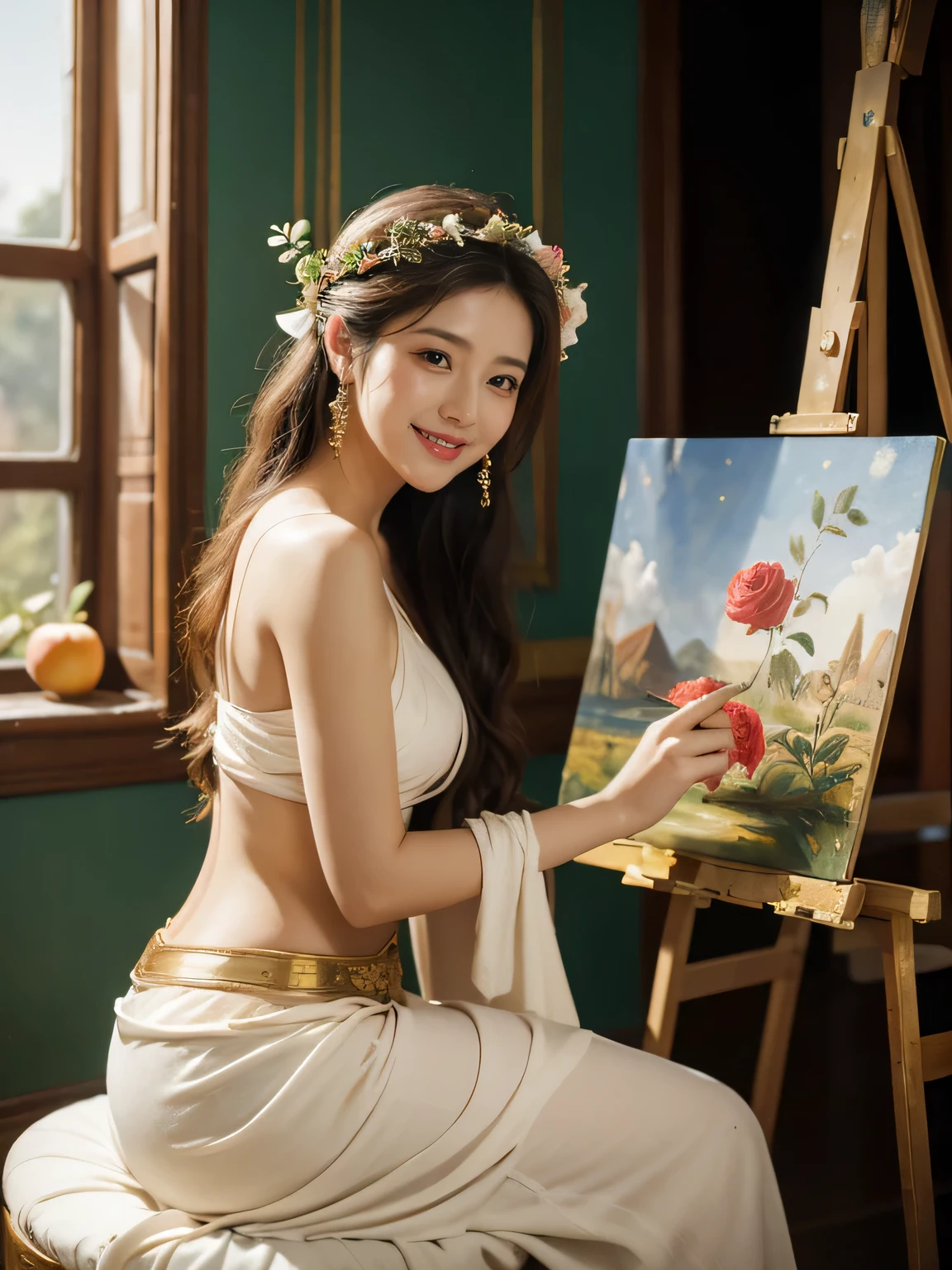 Giorgione painting style,roses in vase、fruits、Cute trinkets、smile、ancient greek costume、Clothes that stretch your shoulders、A big smile、beautiful bare skin,Female painter painting oil in her studio,Woman painting in oil with oil brush and palette,Woman painting oil on canvas