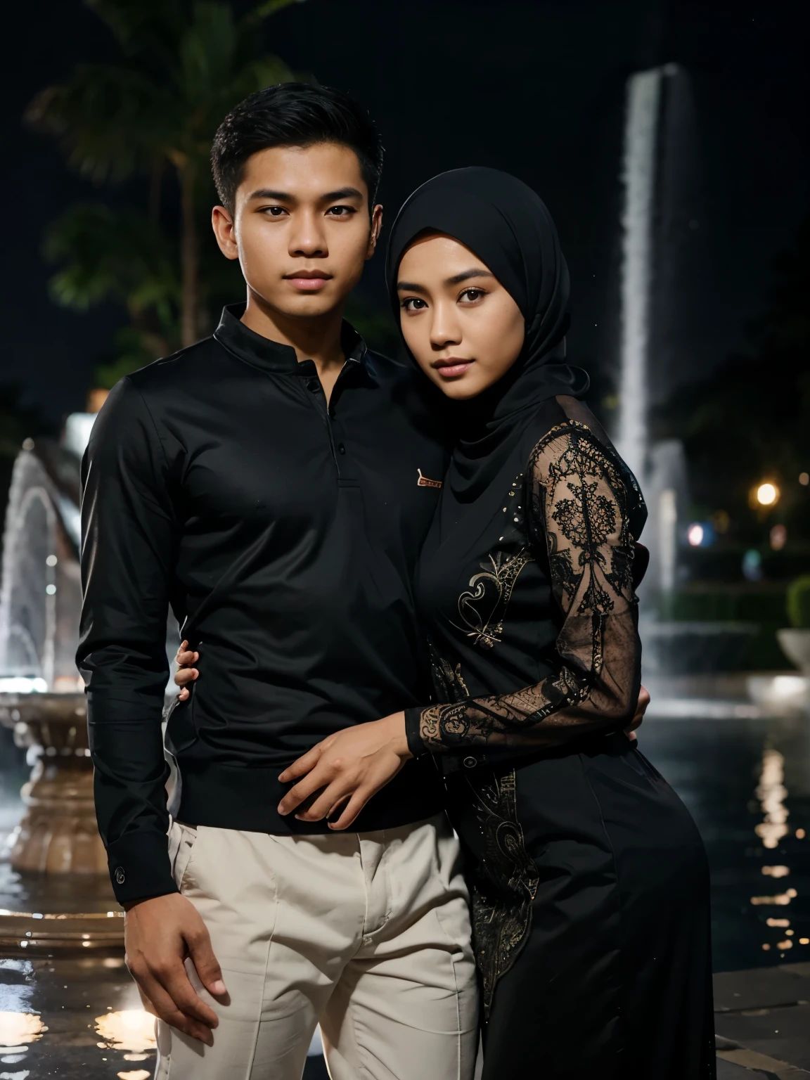 A handsome Indonesian young man is taking a photo together with a 22 year old Indonesian hijab wearing woman posing in front of a fountain at night, best quality, realistic, photorealistic, (intricate detail: 1.2), (fine detail), (light cinematic), clear lines , sharp focus, realistic face, detailed face, unity 8k wallpaper, very high resolution, (photorealistic: 1.4), He is looking at the viewer