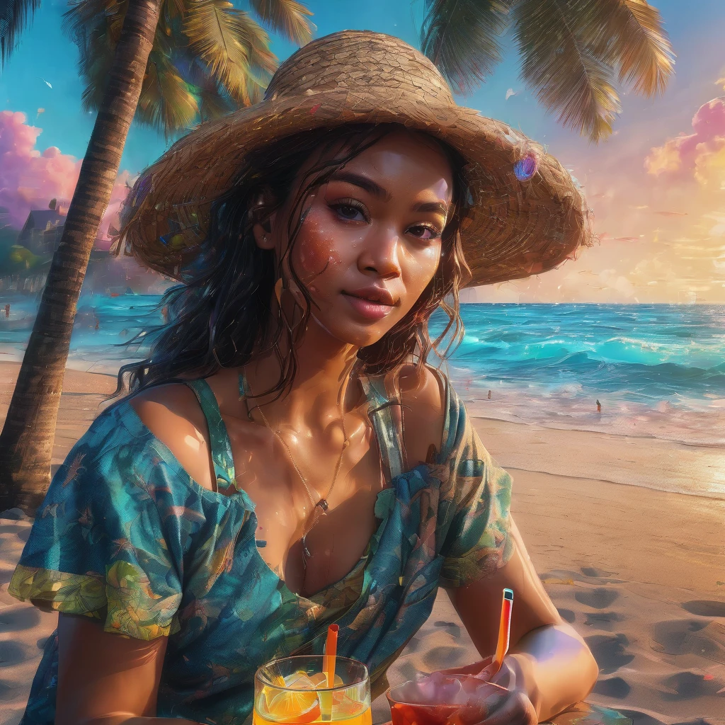 beach parties, aesthetic, extremely detailed, Spiderman, straw hat in the head, drinking a cocktail, sitting in the beach, coconut trees, waves, sands, Hyperrealistic, splash art, concept art, mid shot, intricately detailed, color depth, dramatic, 2/3 face angle, side light, colorful background, (best quality, 4k, 8k, highres, masterpiece:1.2), ultra-detailed, (realistic, photorealistic, photo-realistic:1.37), HDR, UHD, studio lighting, extreme detail description, professional, vivid colors, bokeh, beach, portraits, landscape