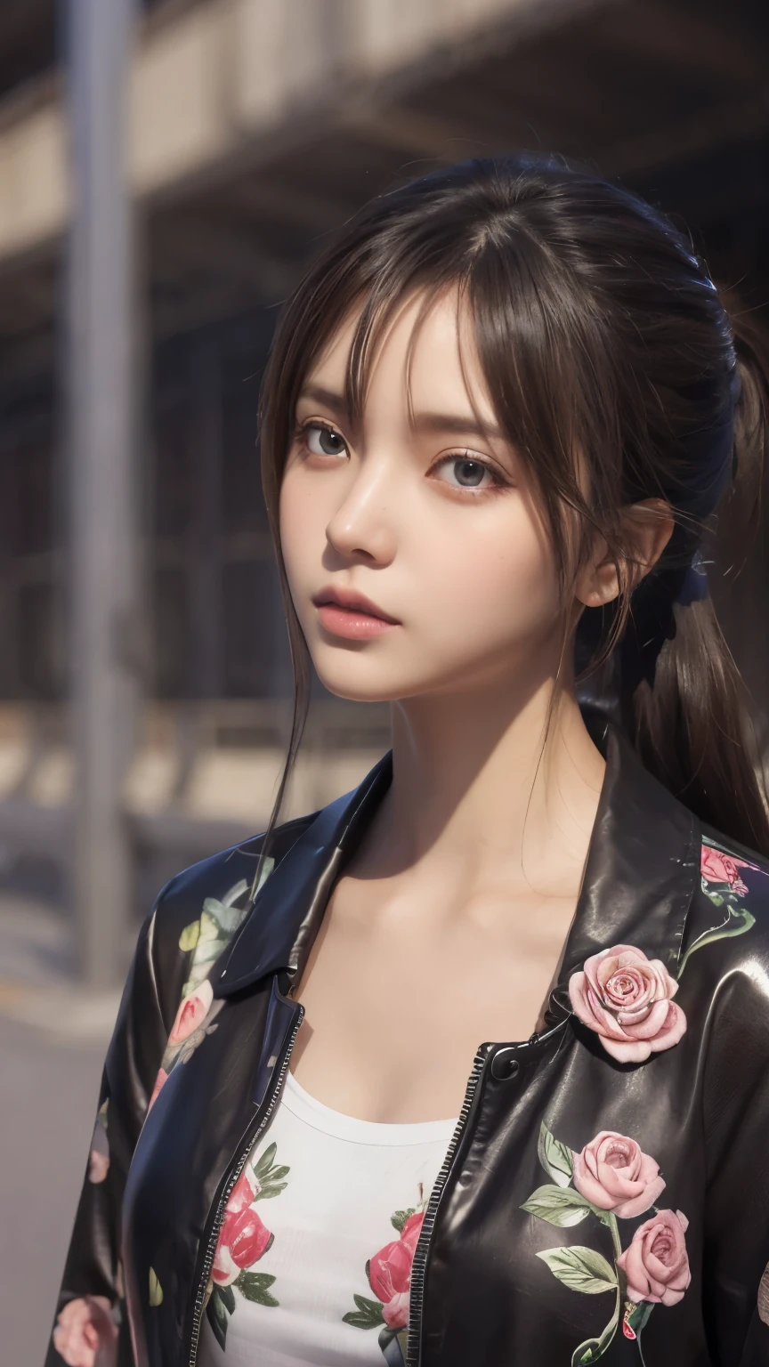 (best quality,8k,ultra-detailed:1.2),gorgeous detailed eyes,beautiful long black hair,unique eye color,pocket hands,gazing at others,digital painting,anatomically correct,makoto shinkai style,colorful floral patterned jacket,concept art,vivid imagery.
