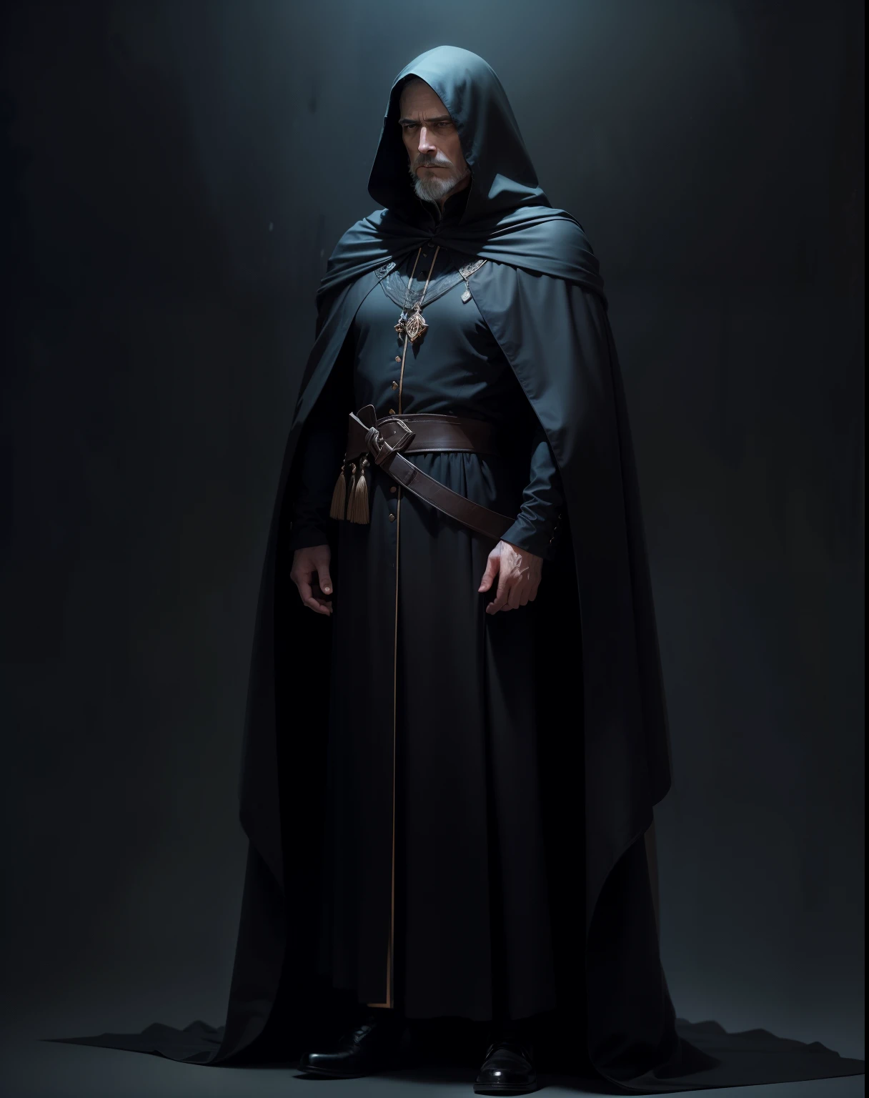 a noble man in a long black dynamically developing cloak, in a black cloak on a dark background, a black cloak from neck to ankles, looks at us with an attentive gaze