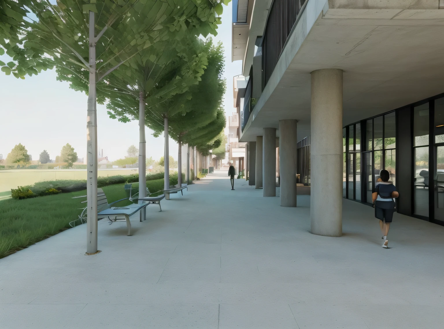 there is a Rendering of a walkway with benches and trees, View at ground level, View at ground level, low angle dimetric Rendering, digital Rendering, Perspective view, Rendering, Street level view, detailed Rendering, detail rendering, View at ground level, architectural rendering, high detail rendering, artistic print, architectural rendering, artistic print, photographic rendering, detailed rendering, vue render