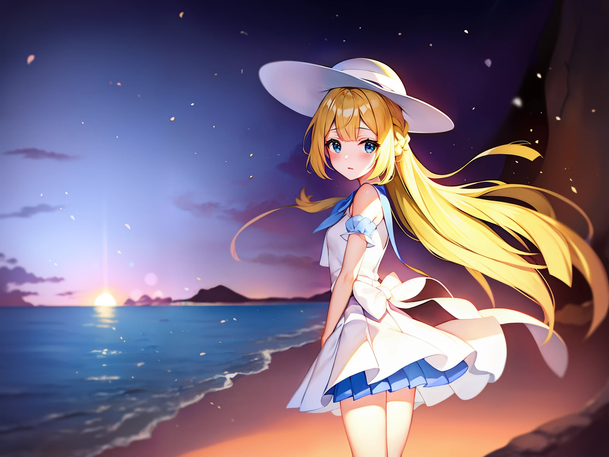 Pokémon、solo、1 person、sunset、Tropical Alola region、Lillie、Snow-white skin and long pale blonde hair、White princess-line sleeveless dress and white wide-brimmed hat、french braid、high ponytail、blue mini skirt、blue pleated skirt、sailor color、shirt、short sleeve、blue skirt、白いshirt、white skirt「Lady」、blonde girl、Pippi Ningyoya Cosmetics、orthodox heroine、Lily flower、Escape from the rain and take shelter together in a cave、Lillieは月の象徴で、Hau is the image of the sun。Lillieが月ではなく、I will become a shining sun」、pacifist、Directional tone deafness、