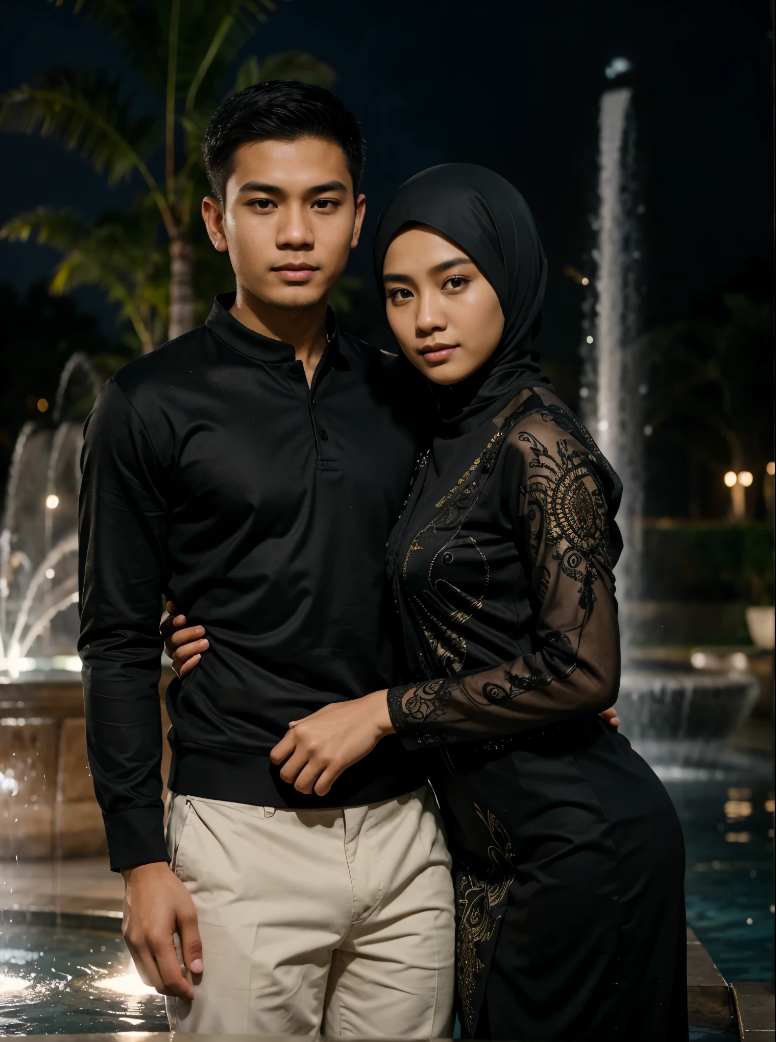 A handsome Indonesian young man is taking a photo together with a 22 year old Indonesian hijab wearing woman posing in front of a fountain at night, best quality, realistic, photorealistic, (intricate detail: 1.2), (fine detail), (light cinematic), clear lines , sharp focus, realistic face, detailed face, unity 8k wallpaper, very high resolution, (photorealistic: 1.4), He is looking at the viewer