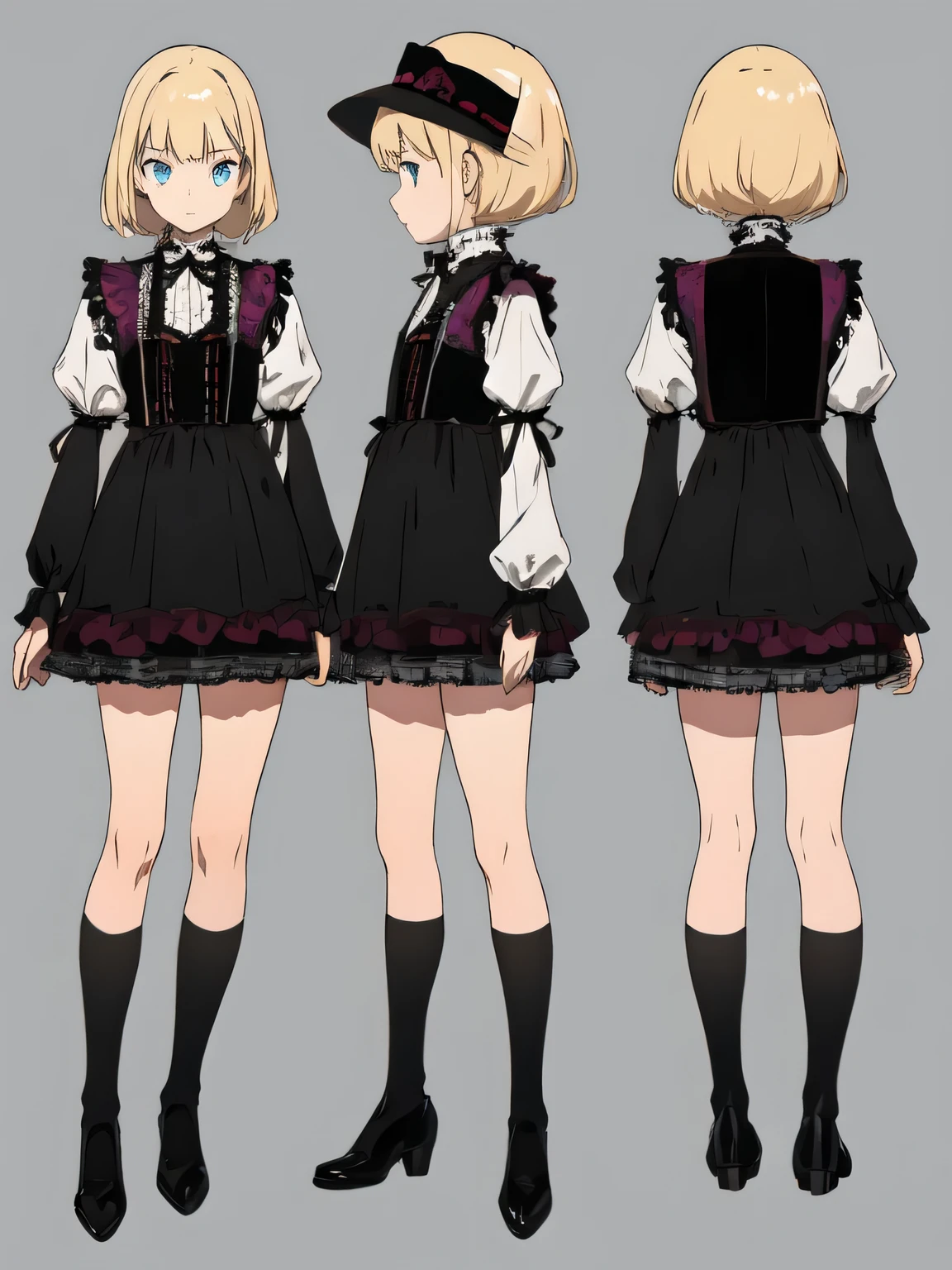 ((masterpiece)), (highest quality、detailed glowing eyes))), (character design sheet, National costume, same character, front, ~ ~ side, return), shape, 1 girl, whole body, blonde hair, Glossy hair and skin, beautiful eyes, princess cut, Site of environmental change, short skirt, Shyness, woman, girl, Are standing, Gothic Lolita, V tuber, (simple returnground, white returnground: 1.3) ( masterpiece:1.2), (highest quality:1.3)、beautiful anime