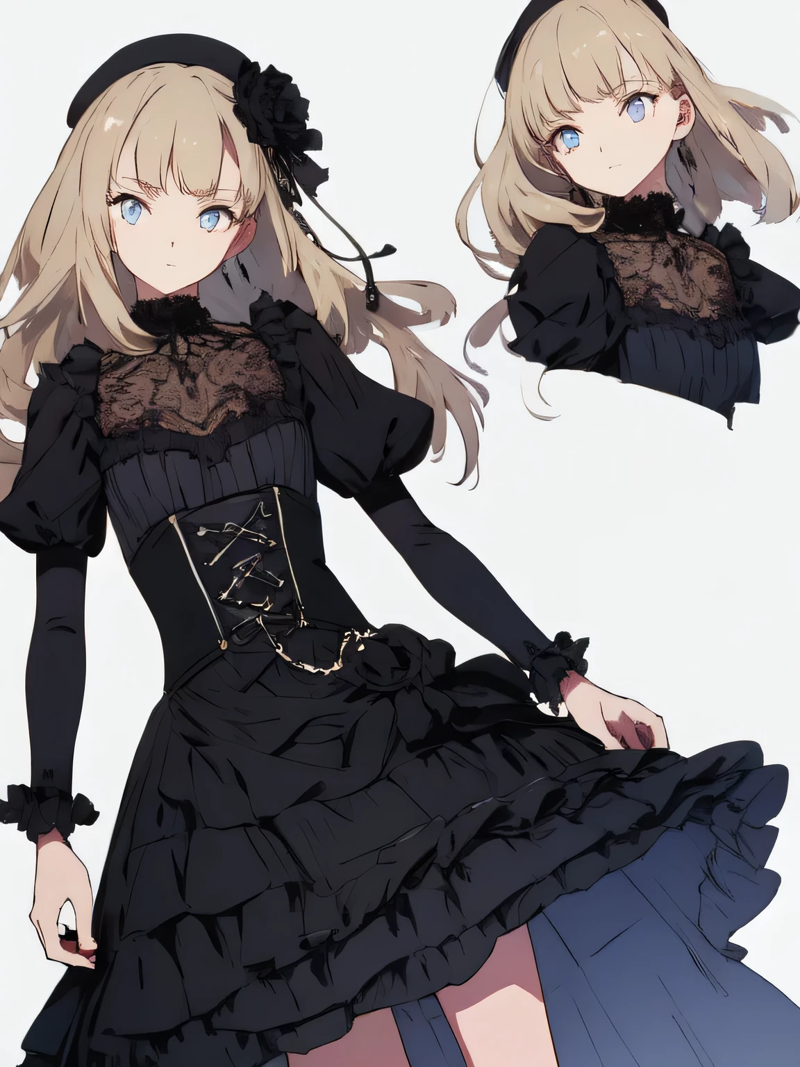 ((masterpiece)), (highest quality、detailed glowing eyes))), (character design sheet, National costume, same character, front, ~ ~ side, return), shape, 1 girl, whole body, blonde hair, Glossy hair and skin, beautiful eyes, princess cut, Site of environmental change, short skirt, Shyness, woman, girl, Are standing, Gothic ta, V tuber, (simple returnground, white returnground: 1.3) ( masterpiece:1.2), (highest quality:1.3)、beautiful anime