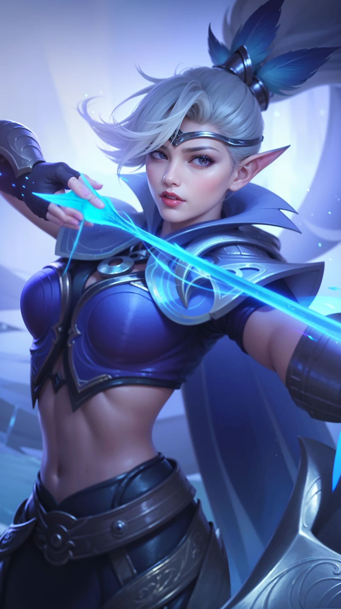(female:1.2), 8k, ultra hd, ultra detailed texture, hyper realistic, masterpiece, detailed texture, detailed face, detailed skin, detailed lighting, (photorealistic:1.5), best quality, beautiful lighting, cinematic lighting, professional lighting, ultra highres, realistic, detailed hair, real hair, high quality, (realskin:1.5), extremely detailed, finely detail, ultra-detailed, 1girl, solo, elf, pointy ears, standing, demon horns, forehead protector, v-shapped eyebrow, lips, red lips, evil smile, nose, make up, pretty, beautiful, cute face, long hair, blue hair, high ponytail, large breasts, cleavage, armpit, navel, stomach, black armor, pauldrons, bare shoulders, shoulder armor, thigh high, sleevless, detached sleeves, breastplate, gauntlets, miya \(mobile legends\), depth of field, looking aways, white skin, skin tight, amazing pose, outdoors, glowing, dark view
