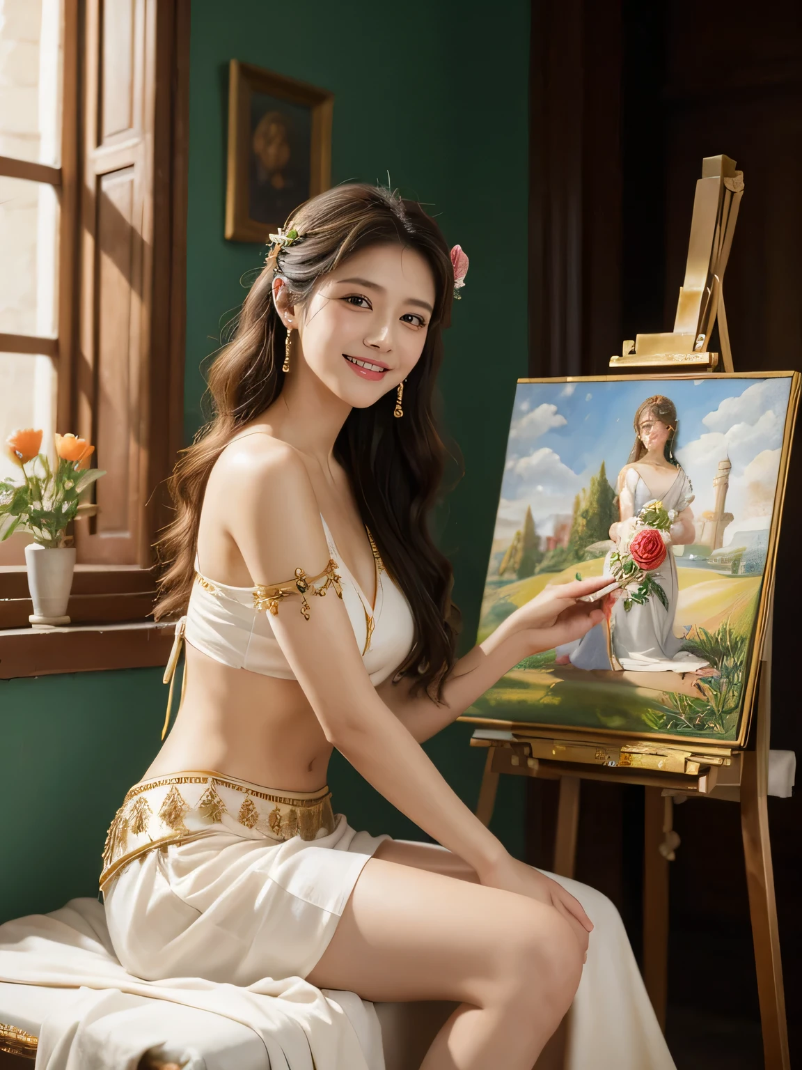 Giorgione painting style,roses in vase、fruits、Cute trinkets、smile、ancient greek costume、Clothes that stretch your shoulders、A big smile、beautiful bare skin,Female painter painting oil in her studio,Woman painting in oil with oil brush and palette,Woman painting oil on canvas