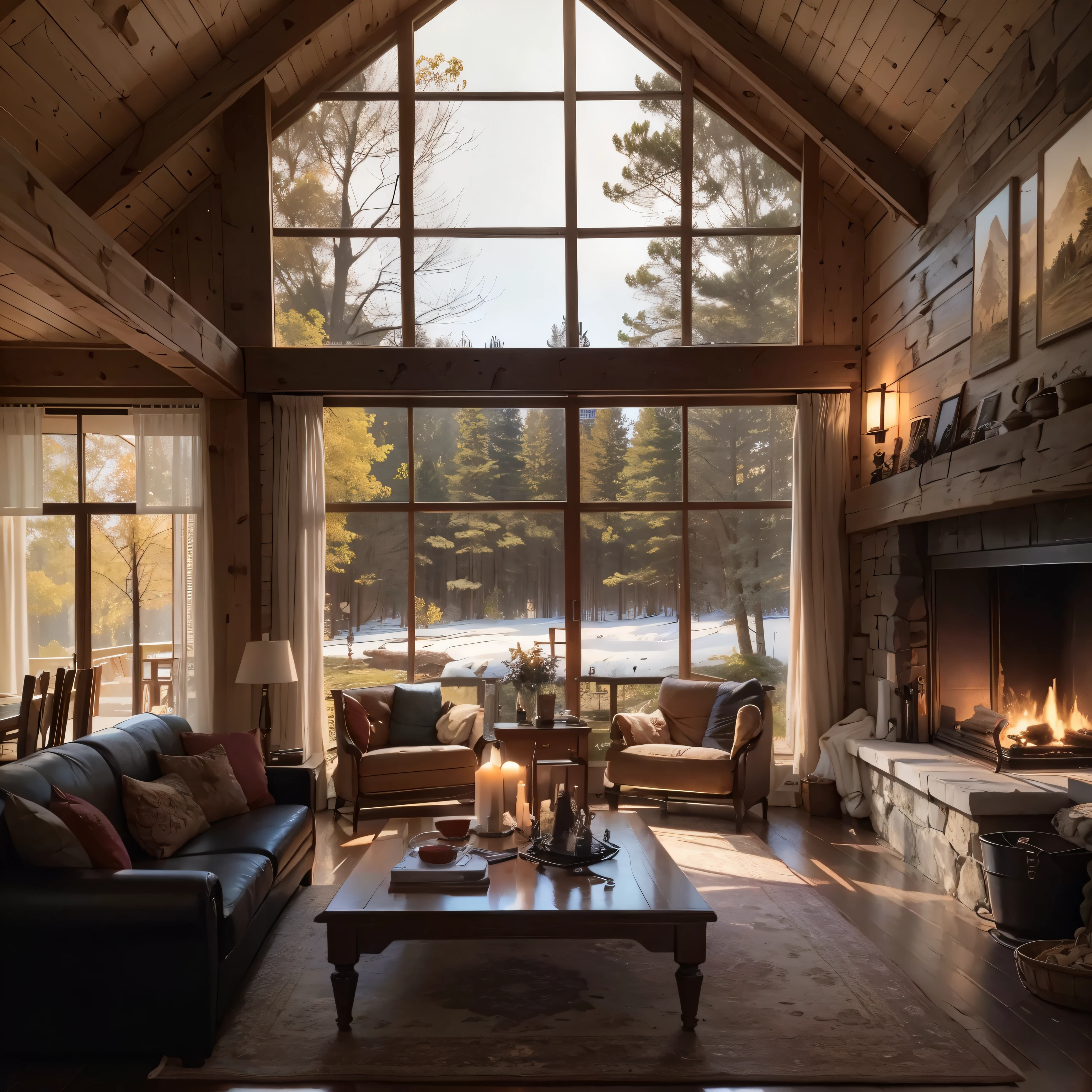 THIS EVENING WOODEN CABIN LIVING ROOM ANIME BACKGROUND, (COZY ATMOSPHERE), (SUBTLE LIGHTING), BRIGHT STONE FIREPLACE FIRE, LIONSKIN RUG THIS EVENING BEST QUALITY, TRANSPARENT GLASS WINDOWS