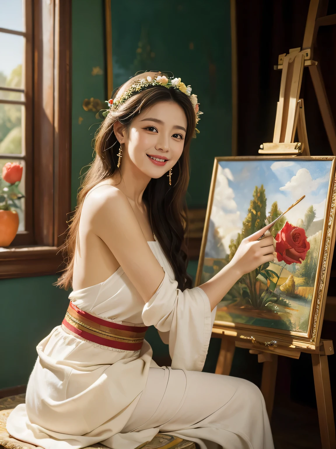 Giorgione painting style,roses in vase、fruits、Cute trinkets、smile、ancient greek costume、Clothes that stretch your shoulders、A big smile、beautiful bare skin,Female painter painting oil in her studio,Woman painting in oil with oil brush and palette,Woman painting oil on canvas