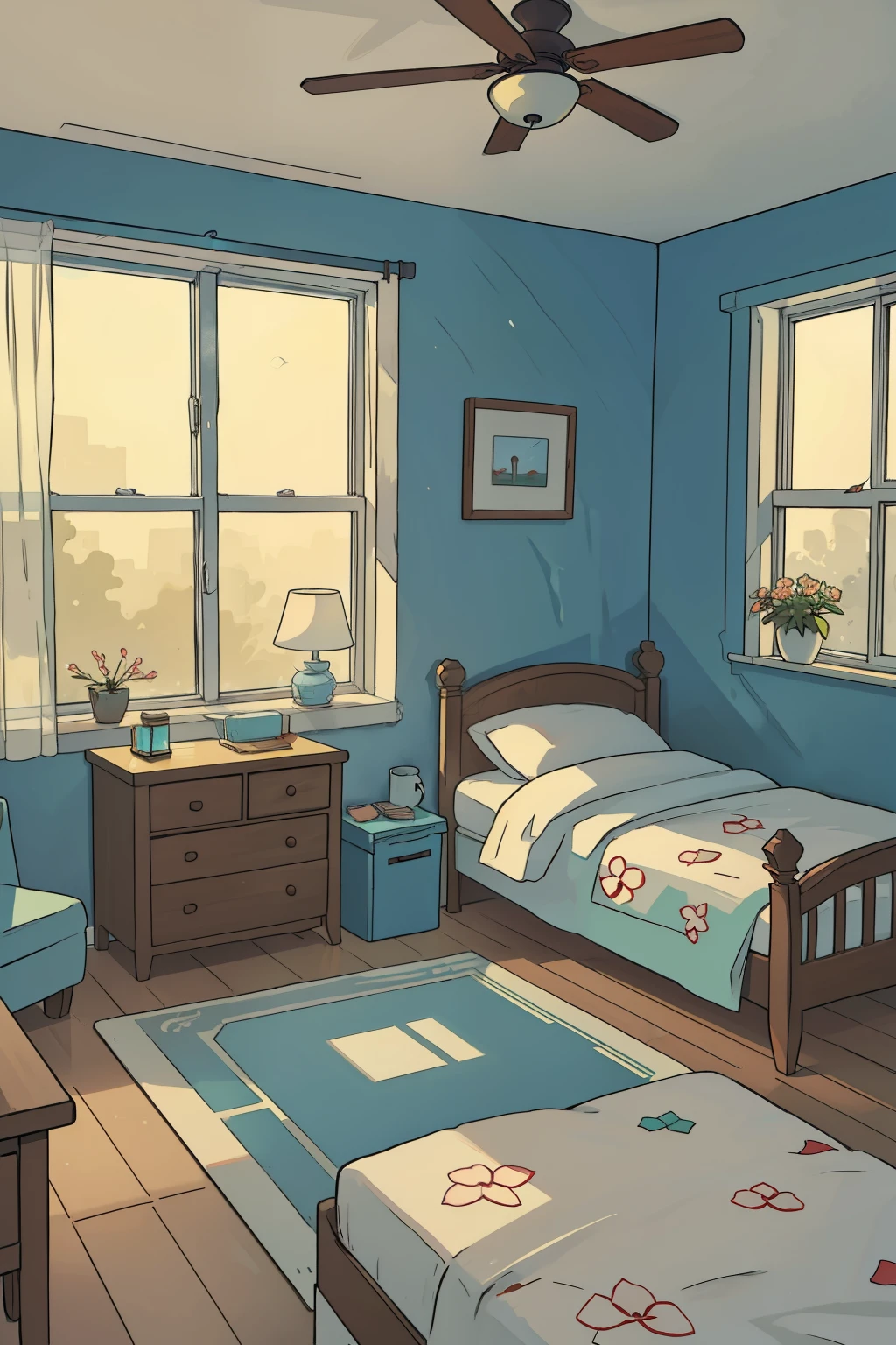 In this cartoon-style image, we find a poorly kept room with a white bed as its centerpiece. The room is adorned with faded walls and chipped paint, giving it an air of neglect. Yet, despite the run-down appearance, there's a certain charm to it.

Two windows are added to the scene, one on each wall, allowing natural light to filter in and brighten up the space. The glass panes are decorated with intricate floral designs, while the window frames are painted in vibrant colors that contrast beautifully with the monochromatic tones of the room.

The white bed stands out against the backdrop of the room, its crisp sheets and soft pill