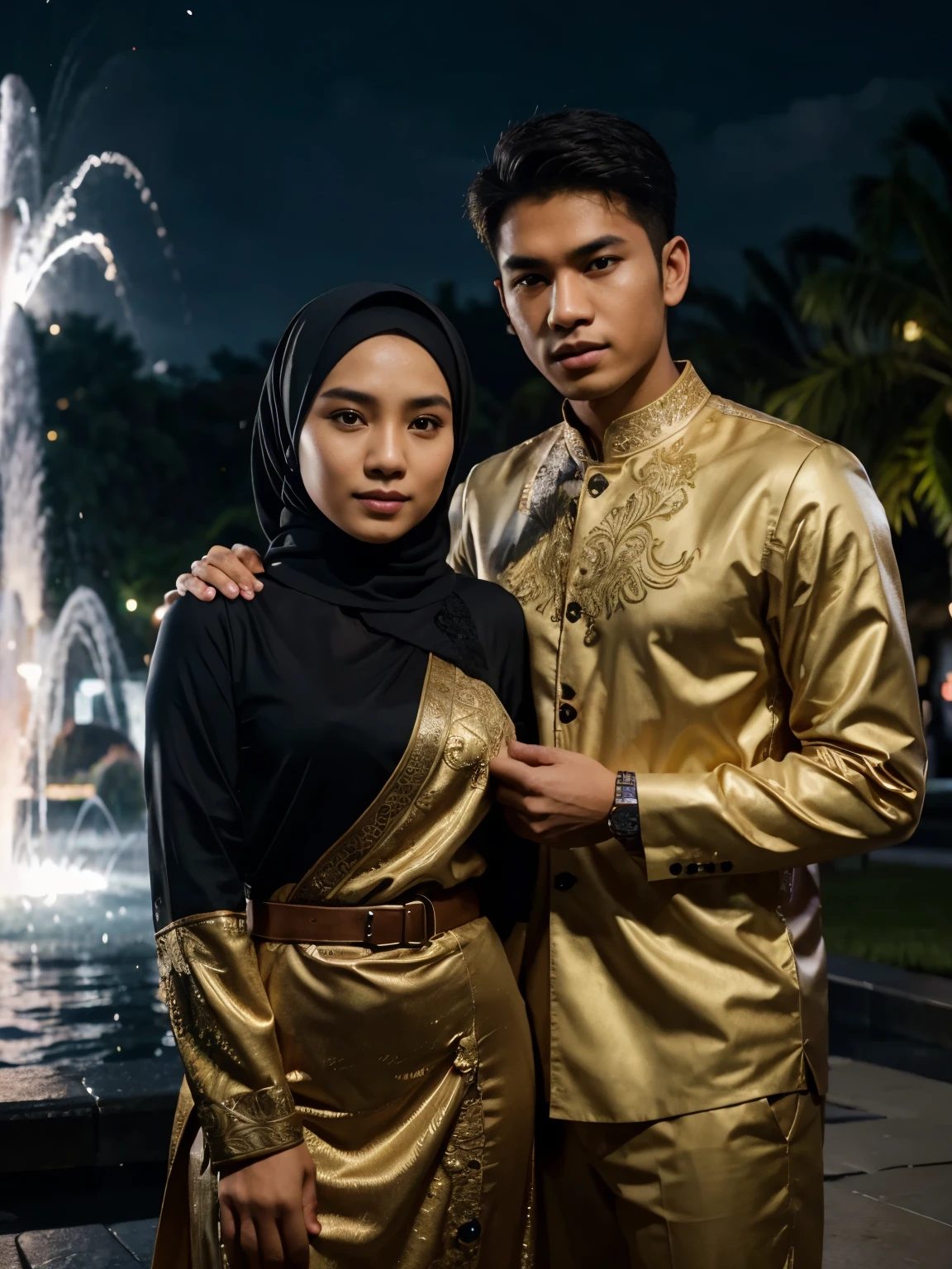 A handsome Indonesian young man is taking a photo together with a 22 year old Indonesian hijab wearing woman posing in front of a fountain at night, best quality, realistic, photorealistic, (intricate detail: 1.2), (fine detail), (light cinematic), clear lines , sharp focus, realistic face, detailed face, unity 8k wallpaper, very high resolution, (photorealistic: 1.4), He is looking at the viewer