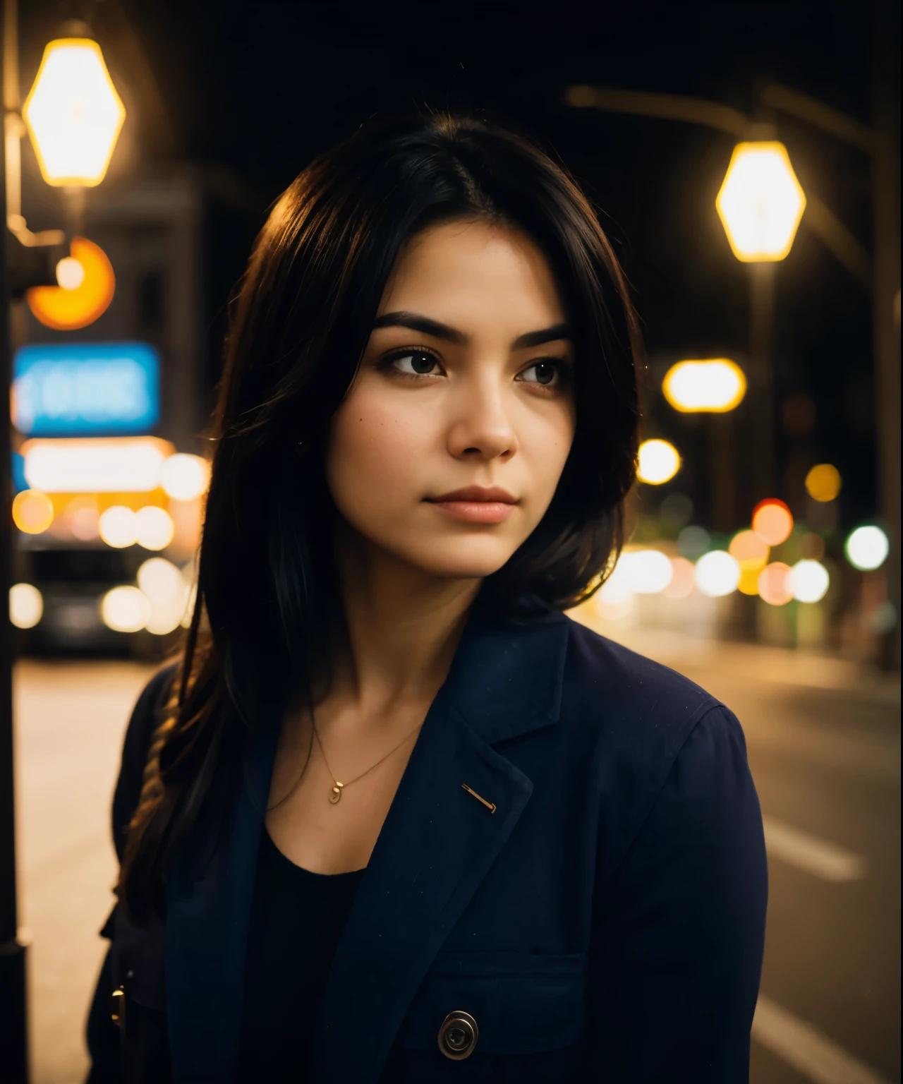 a photo of a woman, her face looking straight into the camera, full-face, ((harsh lighting:1.4)), ultra textured skin, dark hair, Velvia 100 color, shot on Cinestill 800T, sideways, sharp focus, city street, night time, street lamp, asphalt