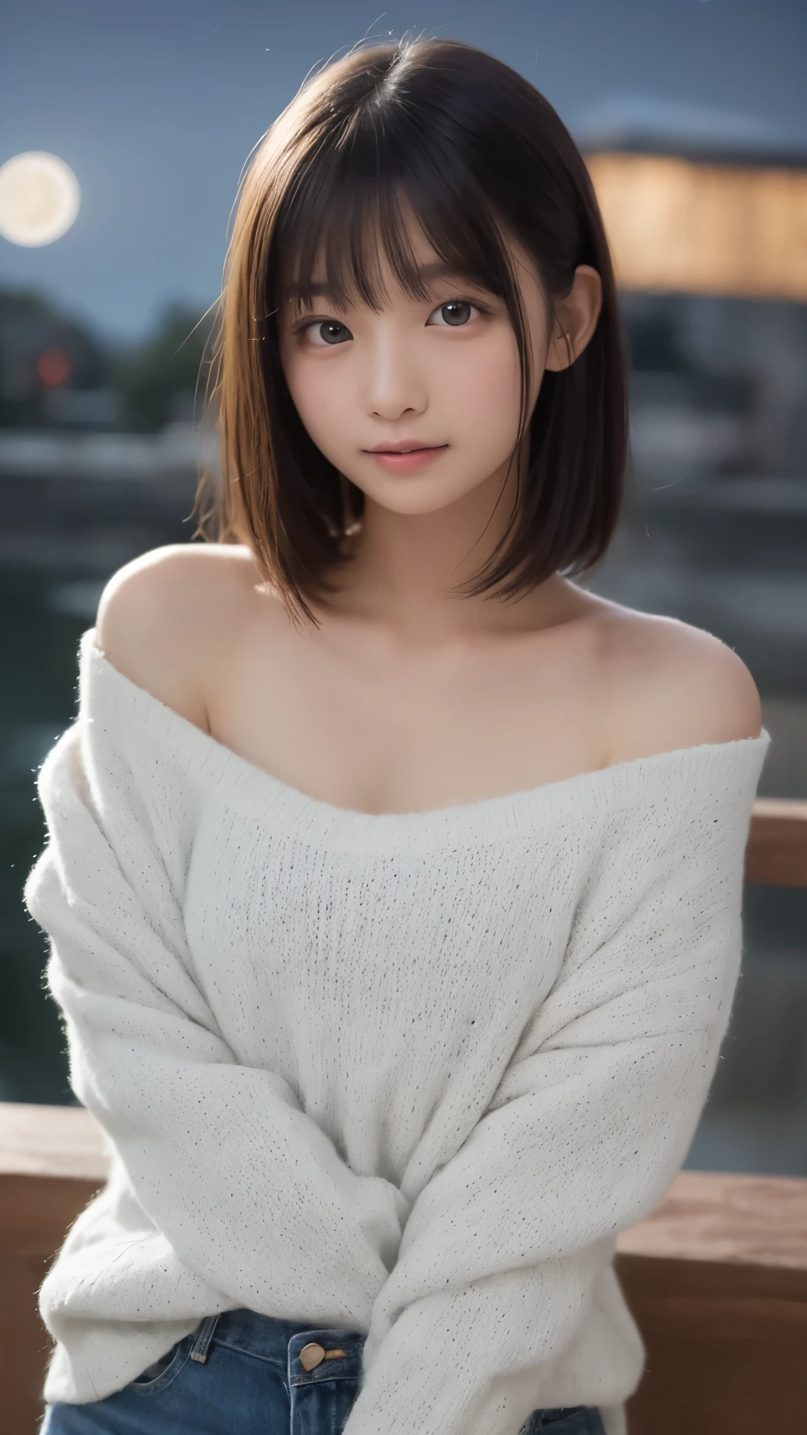 table top, highest quality, 8k,( 6 ), teen, price,young , RAW photo, absurd, award-winning portraits, smile, alone, (night:1.8), idol face, drooping eyebrows,delicate girl,delicate body, Upper body, Digital single-lens reflex camera, looking at the viewer, Frank, Sophisticated,thin arms, ( small shoulders ), thin body, young体 , professional lighting, film grain, chromatic aberration, (Eye and face details:1.0), close your mouth , black haired , shortcut,bangs,drooling eyes , moderately large breasts,knitted clothing,Tight white knitwear,texture,too much exposure,beautiful shoulders,Shoulders are sticking out,((drop shoulder:1.2)),Clothes that are tight around the chest,cleavage,I can see your chest,beautiful skin,