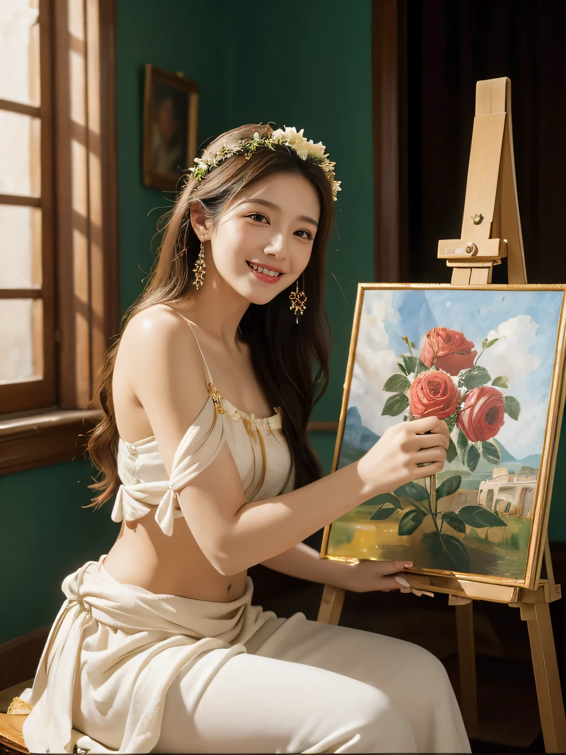 Giorgione painting style,roses in vase、fruits、Cute trinkets、smile、ancient greek costume、Clothes that stretch your shoulders、A big smile、beautiful bare skin,Female painter painting oil in her studio,Woman painting in oil with oil brush and palette,Woman painting oil on canvas