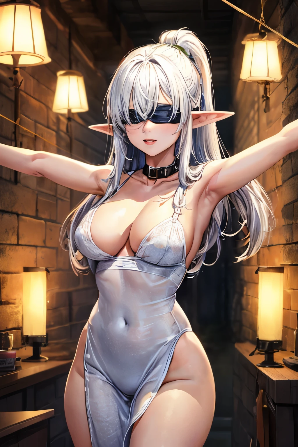 A distant view of a young woman, elf, white hair, long hair, Put on a blindfold, Raise both arms high.,arm lock, sadistic bondage, The body was harmed, collars,old prison cell, subterranean, lamp, Dim light