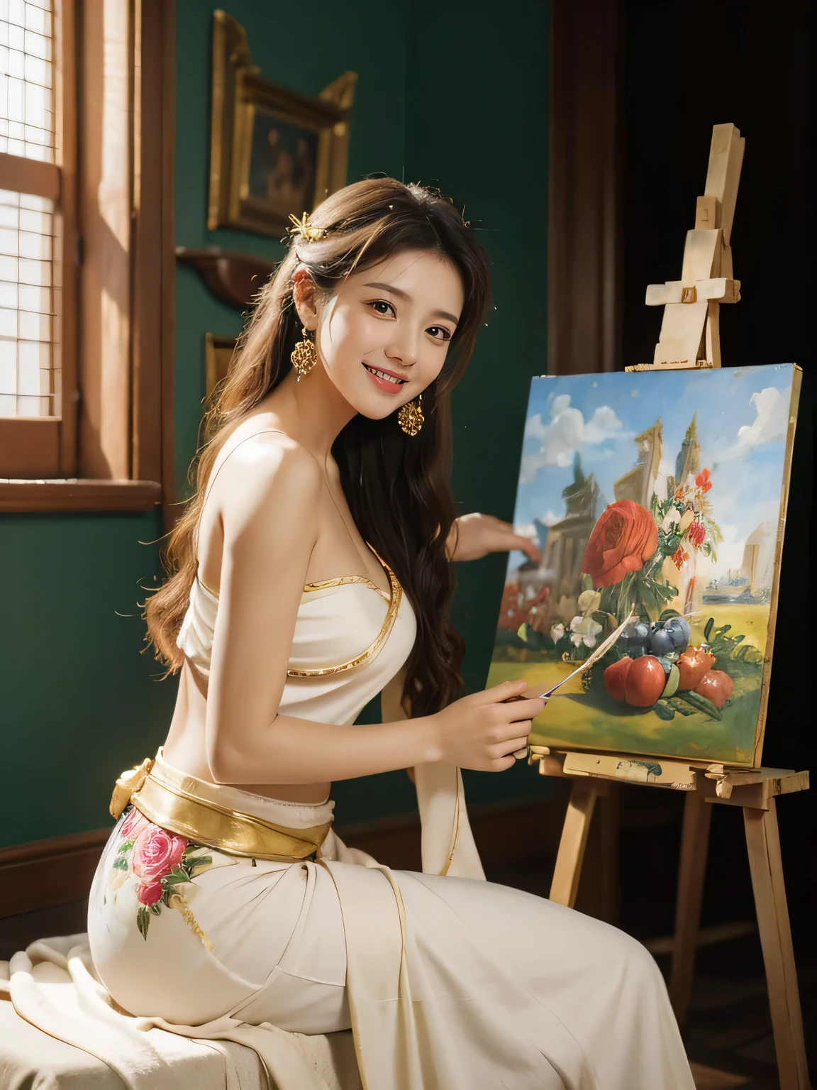 Giorgione painting style,roses in vase、fruits、Cute trinkets、smile、ancient greek costume、Clothes that stretch your shoulders、A big smile、beautiful bare skin,Female painter painting oil in her studio,Woman painting in oil with oil brush and palette,Woman painting oil on canvas