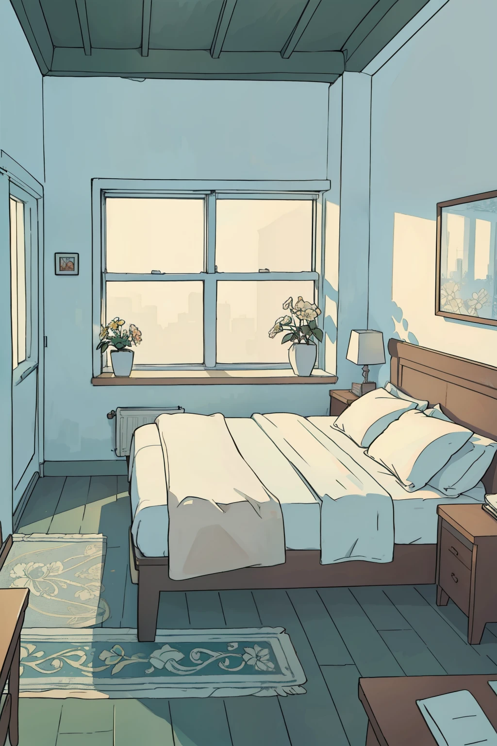 In this cartoon-style image, we find a poorly kept room with a white bed as its centerpiece. The room is adorned with faded walls and chipped paint, giving it an air of neglect. Yet, despite the run-down appearance, there's a certain charm to it.

Two windows are added to the scene, one on each wall, allowing natural light to filter in and brighten up the space. The glass panes are decorated with intricate floral designs, while the window frames are painted in vibrant colors that contrast beautifully with the monochromatic tones of the room.

The white bed stands out against the backdrop of the room, its crisp sheets and soft pill