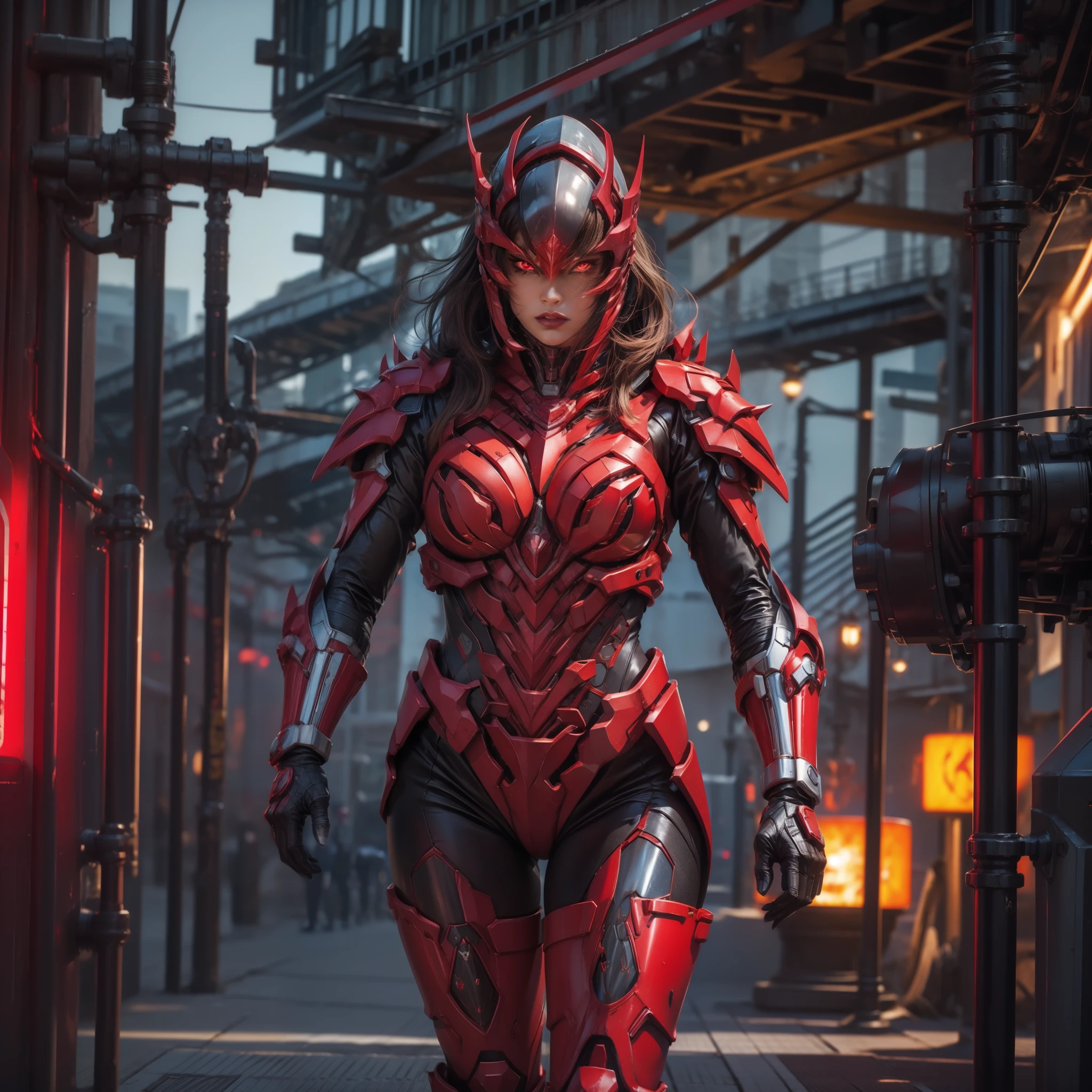 (Masterpiece,Best quality: 1.2),(Ultra-detailed face),(no head gear),Her armor glows red，Neon city lights dance on mechanical surfaces. Complex cybernetics gives her motor power with inhuman speed and force. She silently strode through the lower level, The alleys are bathed in the crimson glow of her futuristic suit. She holds a vibrant longsword in her hand, Its edges are buzzing，plasma, Be prepared to do justice. She is the guardian of the city, Although few people know her name. The criminal whispered rumors of the Crimson Knight, A cybernetically enhanced warrior who swears to protect the innocent. They spoke of her inhumane reaction and her fiery sword that pierced any defenses. How she emerged from the shadows, The blurry red color brings quick judgment. Tonight，Her sensors found that injustice was once again brewing on these lawless streets。. When the city sleeps, Only she is vigilant, Silent sentinels watch. Her cybernetic system began to target the threat，Because she is ready to fight for those who cannot defend themselves. The Crimson Knight is ready, Justice will be dealt with quickly tonight.Oversized breasts（1.9）