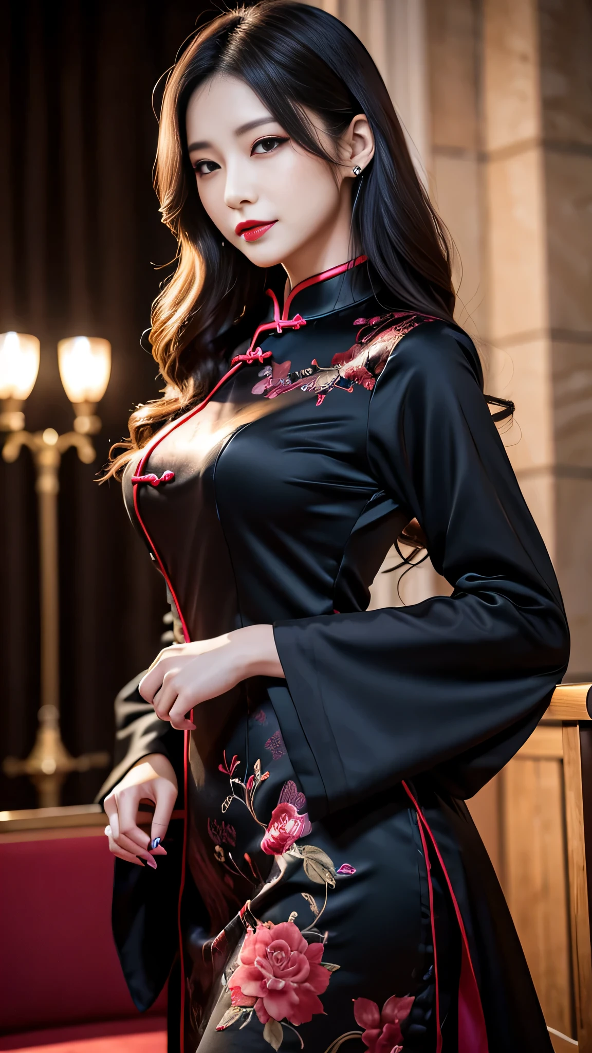 Super detailed、Japanese、charming beauty、seductive adult woman、Beautiful woman、sharp eyes、cool girl、wavy hair、long black cheongsam、wide sleeve、evilの幹部、evil depravity、brainwashing、Mind control、apply lipstick、grin、evilな表情、evil、empty eyes、evil、stage、vampire、Hypnosia makeup brush