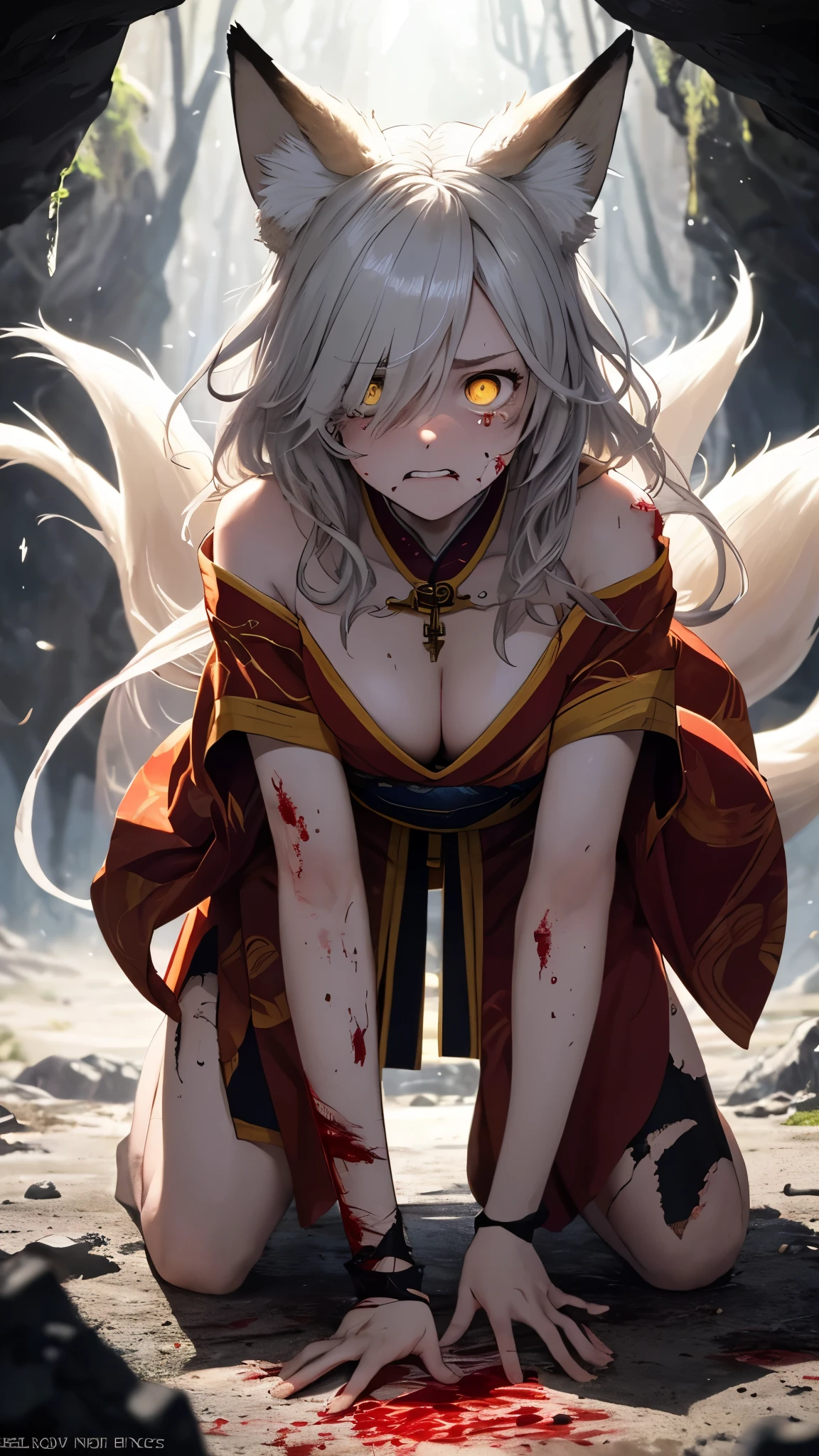 (masterpiece, best_quality, ultra-detailed, immaculate:1.3), portrait, upper body, detailed face, detailed hands, ((1girl:1.35)), epic, kitsune, ((9 tail fox)), foxgirl, japanese spirit, sexy kimono, ((damaged, bloody, Injured, action pose)), ((Defeated pose, falling on knees:1.35)), ((dramatic, sadness face expression, crying)), curvy body, messy hair, disheveled hair, animal eyes, yellow fox glowing eyes, priestess of love, priestess of passion, dark deep cave background