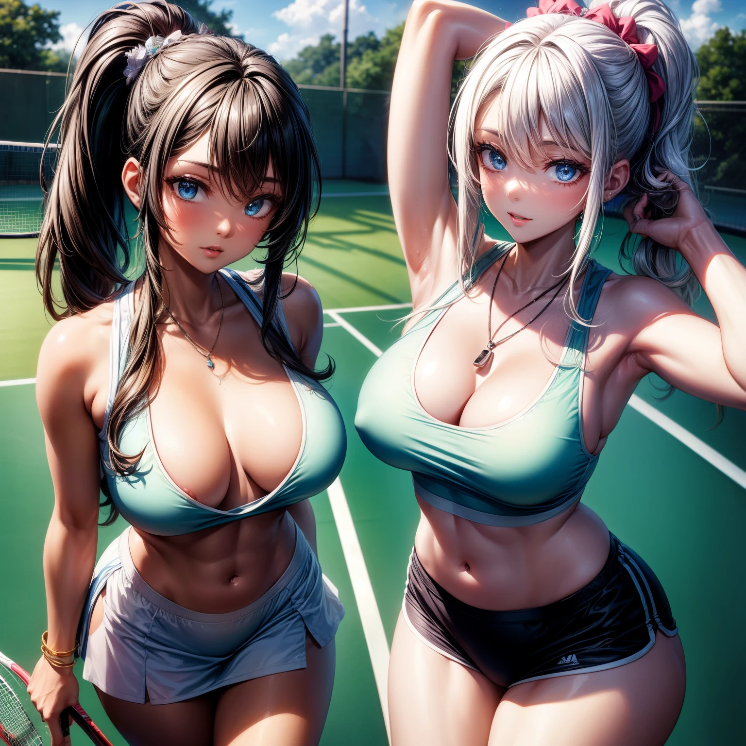 （8k ，Super detailed，Best masterpiece，nature，perfect work of art，perfect female figure），two women，sister and younger sister， sisters，rainbow hair，perfect face，（huge ），neighbor wife，woman hairstyle，elegant wife，Sophisticated and revealing ，20 years old，White skin，messy hair，perfect ???? body，Tone，flirtatious，very big ，Willow Yao，see through ???????，??????，tennis player，Wearing ultra-short tennis sportswear，open ?????，T-shaped small，Melted clothes，on the tennis court，Holding tennis racket，Detail background，necklace，perfect eyes，，T-shaped small size，huge big