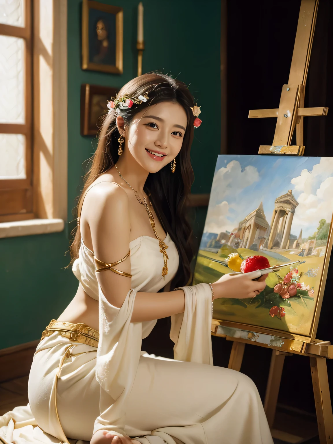 Giorgione painting style,roses in vase、fruits、Cute trinkets、smile、ancient greek costume、Clothes that stretch your shoulders、A big smile、beautiful bare skin,Female painter painting oil in her studio,Woman painting in oil with oil brush and palette,Woman painting oil on canvas
